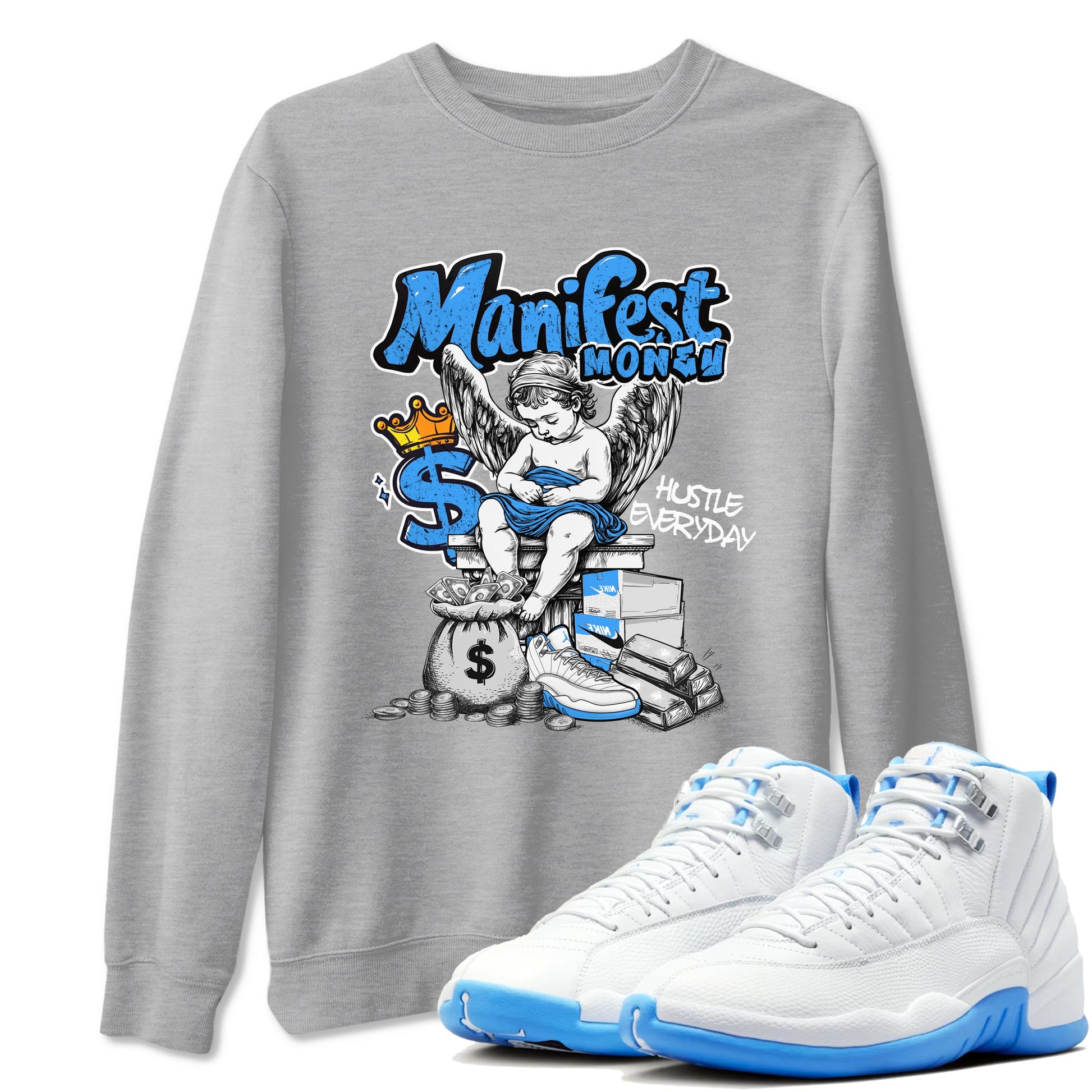 Manifest Money sneaker match t-shirt styled to complete your fit with the Air Jordan 12 White and University Blue sneakers, shown in Heather Grey 1.