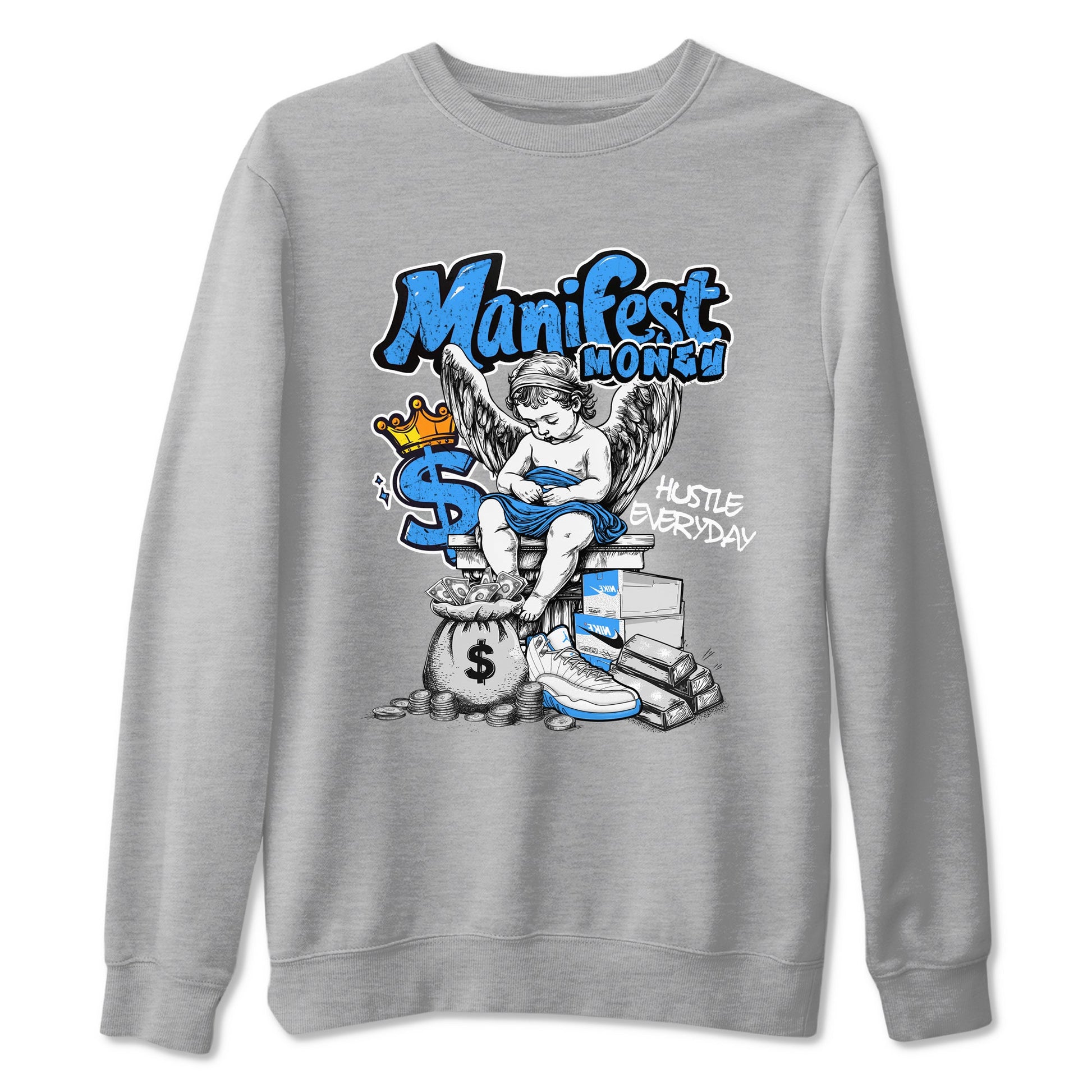 Manifest Money sneaker match t-shirt styled to complete your fit with the Air Jordan 12 White and University Blue sneakers, shown in Heather Grey 2.