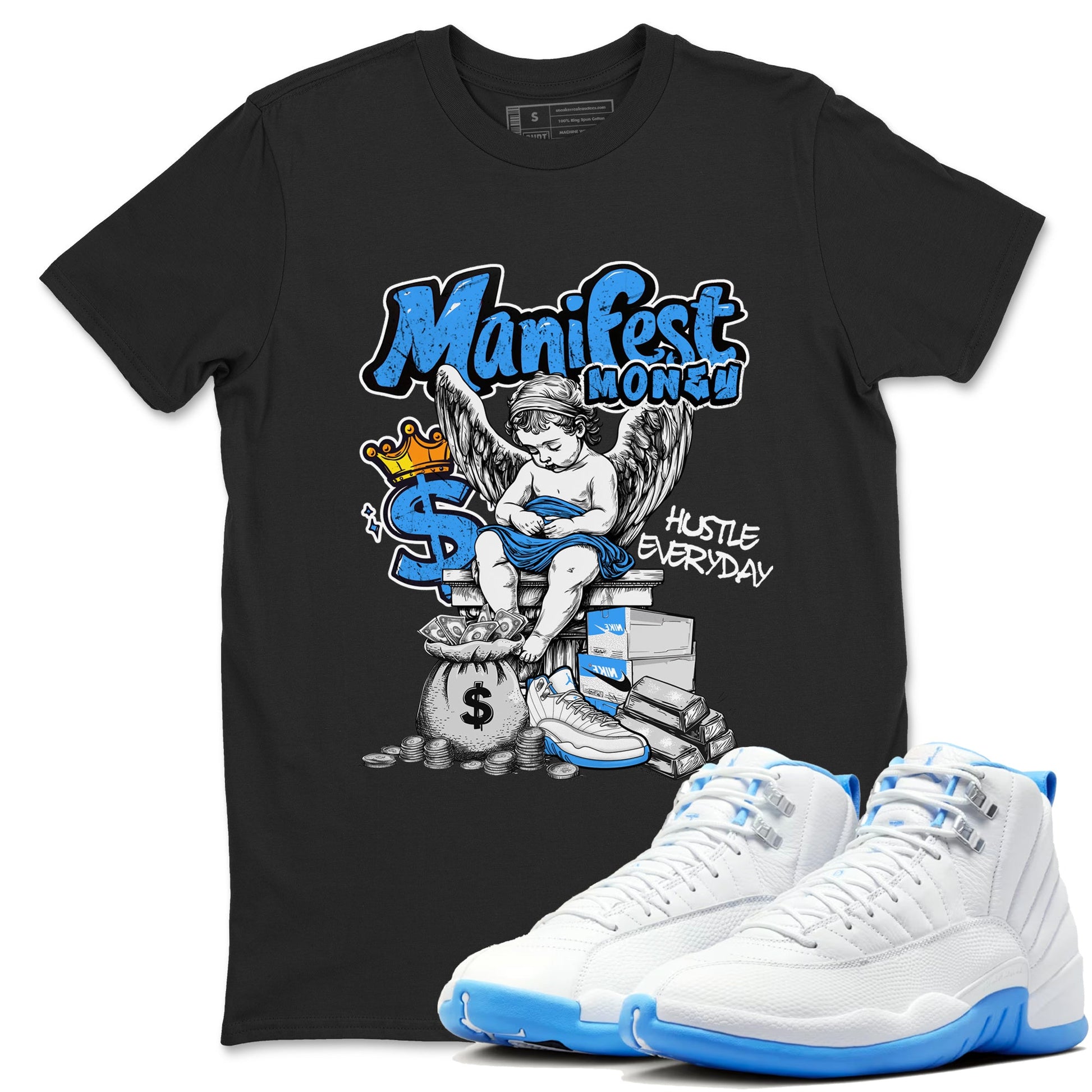 Manifest Money sneaker match t-shirt styled to complete your fit with the Air Jordan 12 White and University Blue sneakers, shown in Black 1.