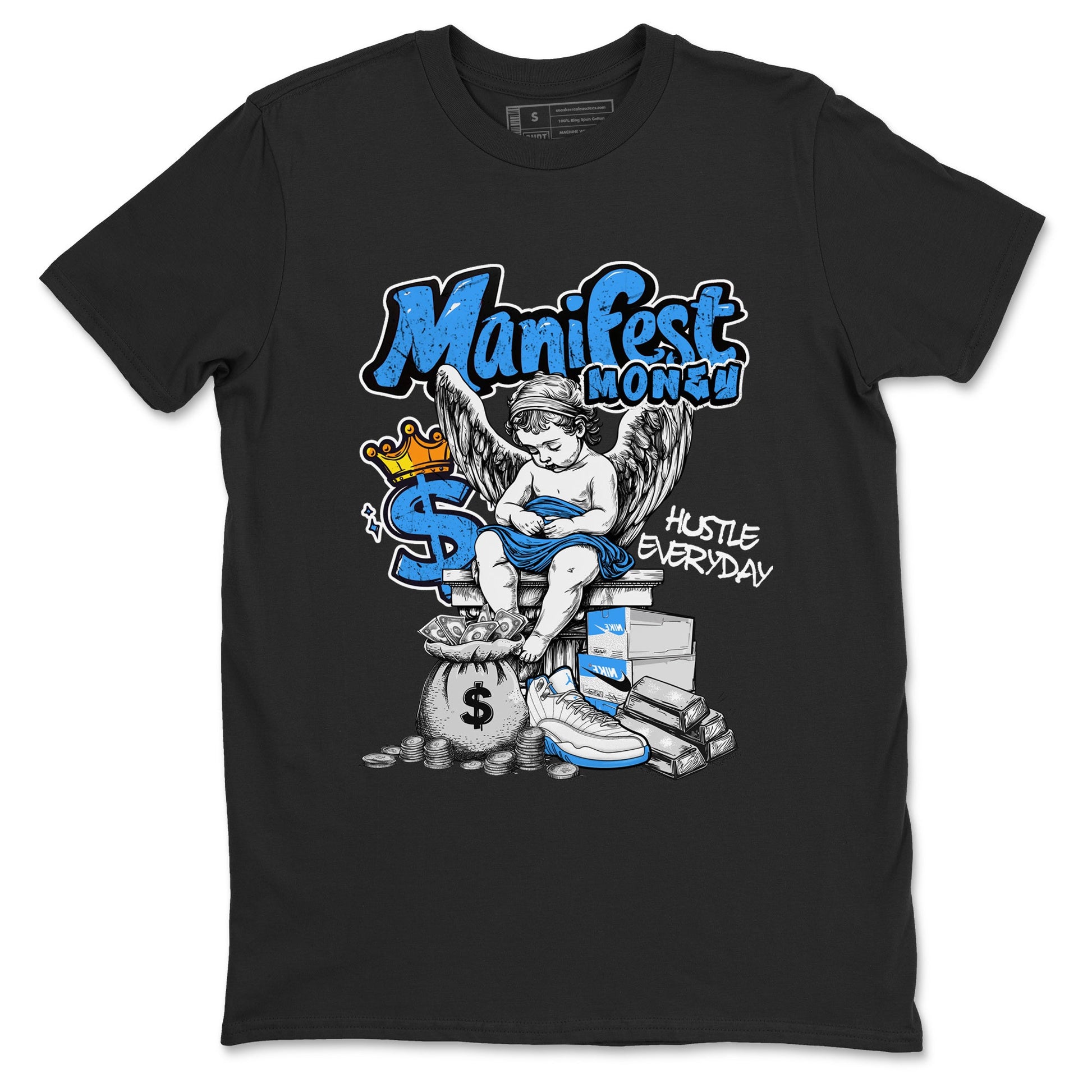 Manifest Money sneaker match t-shirt styled to complete your fit with the Air Jordan 12 White and University Blue sneakers, shown in Black 2.