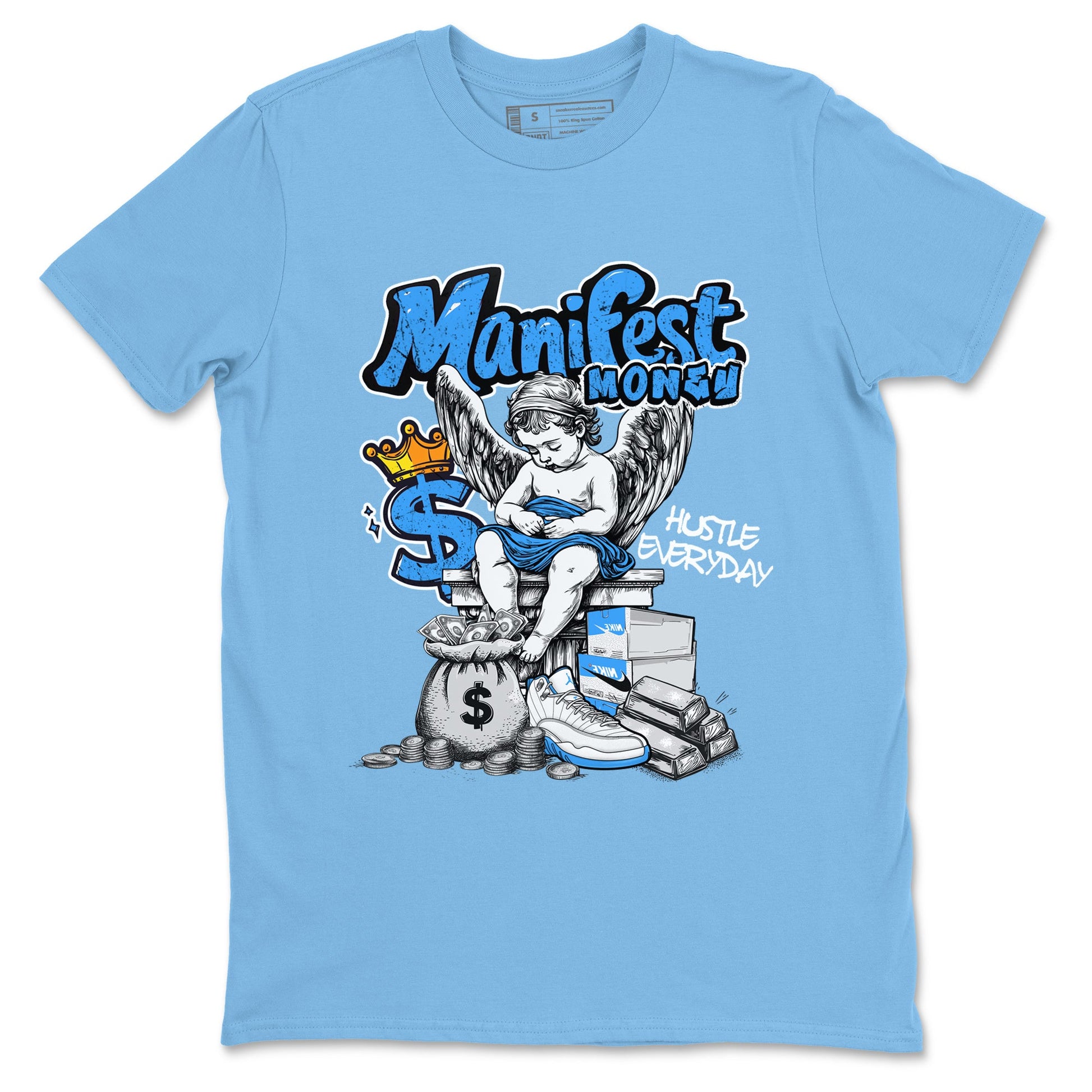 Manifest Money sneaker match t-shirt styled to complete your fit with the Air Jordan 12 White and University Blue sneakers, shown in Carolina Blue 2.