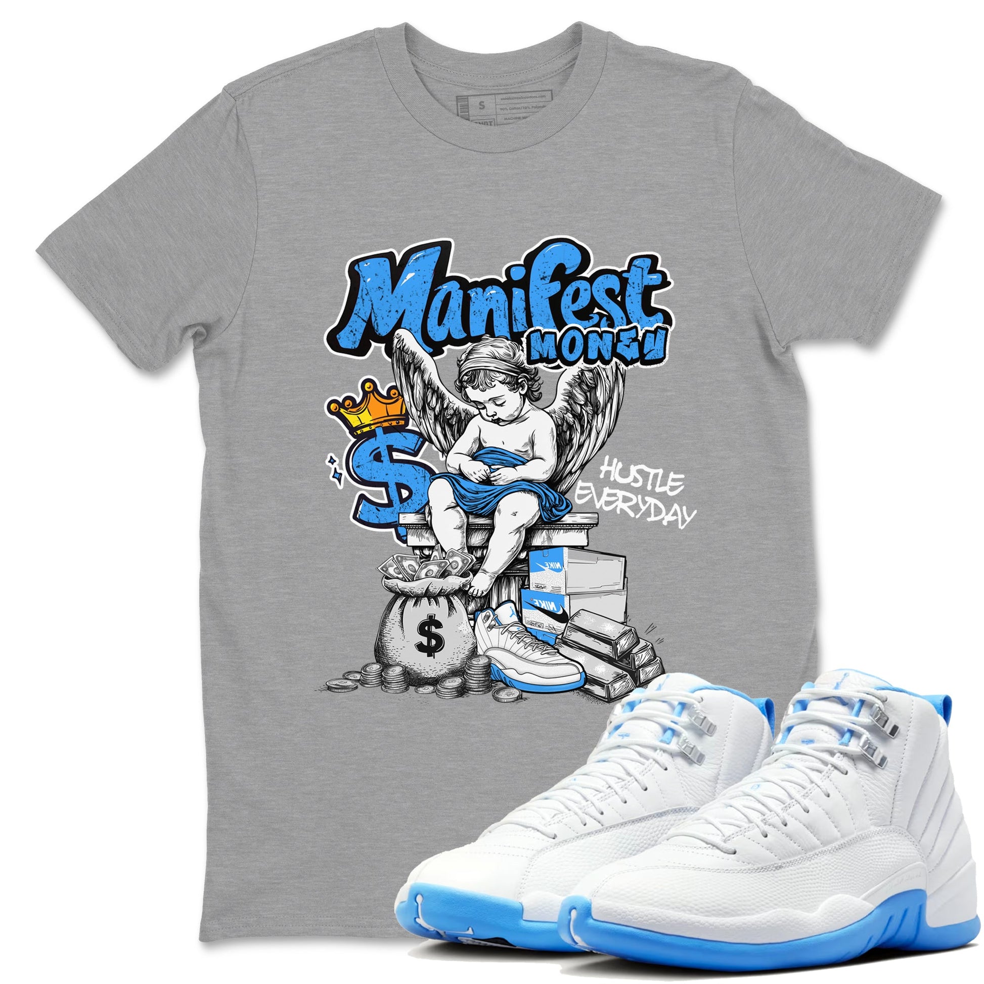 Manifest Money sneaker match t-shirt styled to complete your fit with the Air Jordan 12 White and University Blue sneakers, shown in Heather Grey 1.