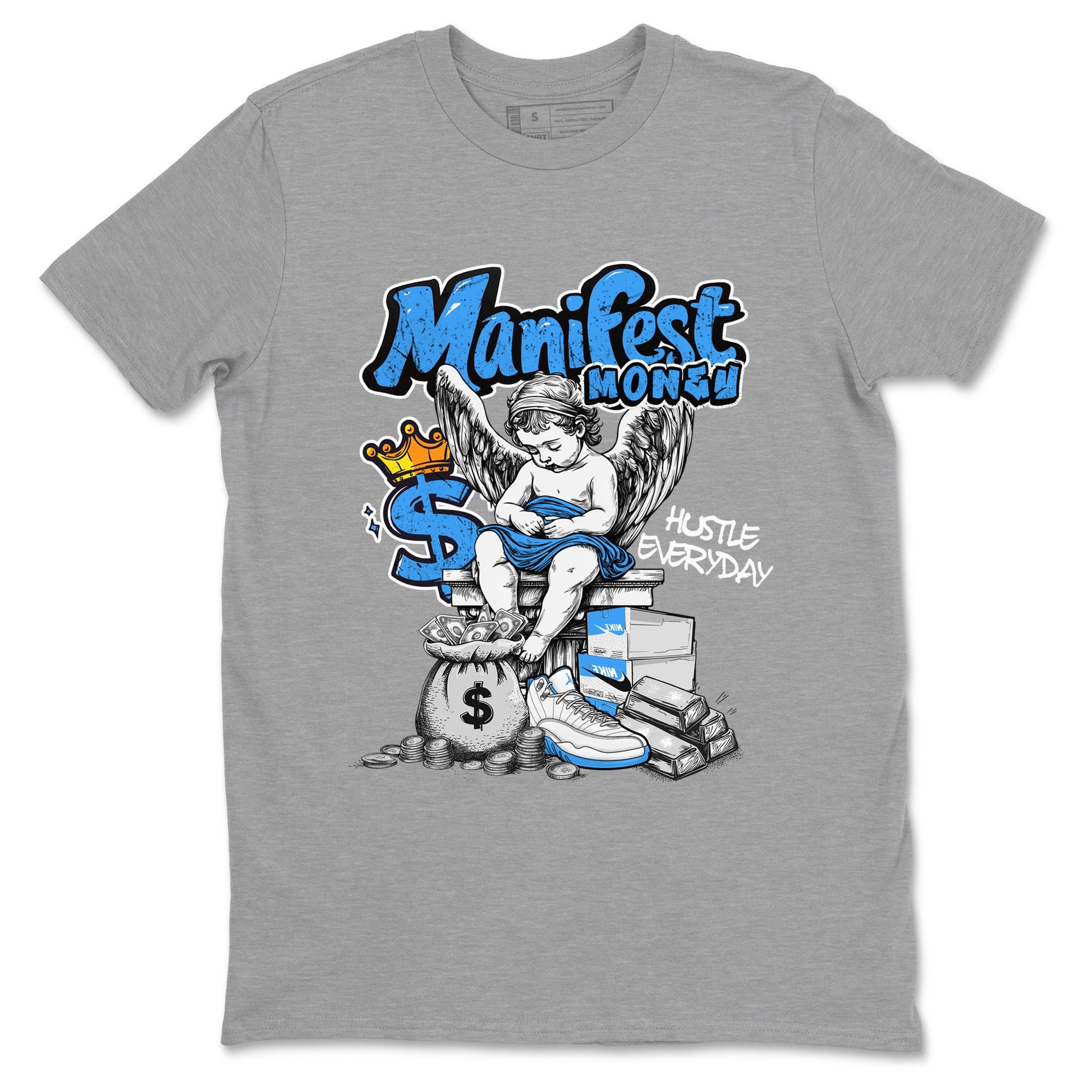 Manifest Money sneaker match t-shirt styled to complete your fit with the Air Jordan 12 White and University Blue sneakers, shown in Heather Grey 2.