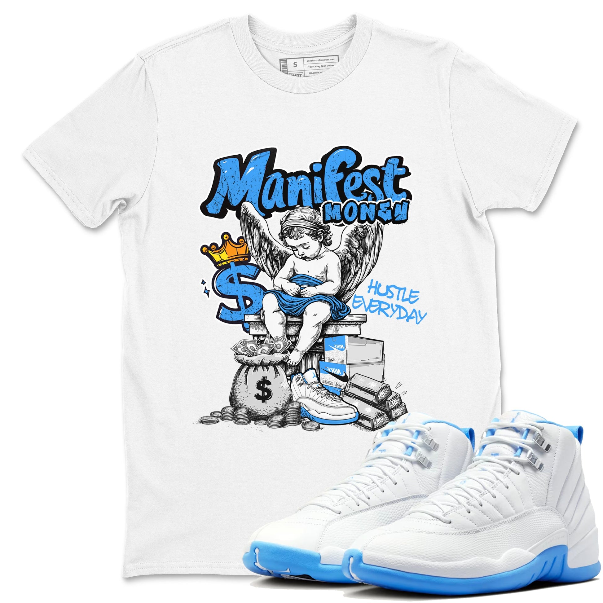 Manifest Money sneaker match t-shirt styled to complete your fit with the Air Jordan 12 White and University Blue sneakers, shown in White 1.