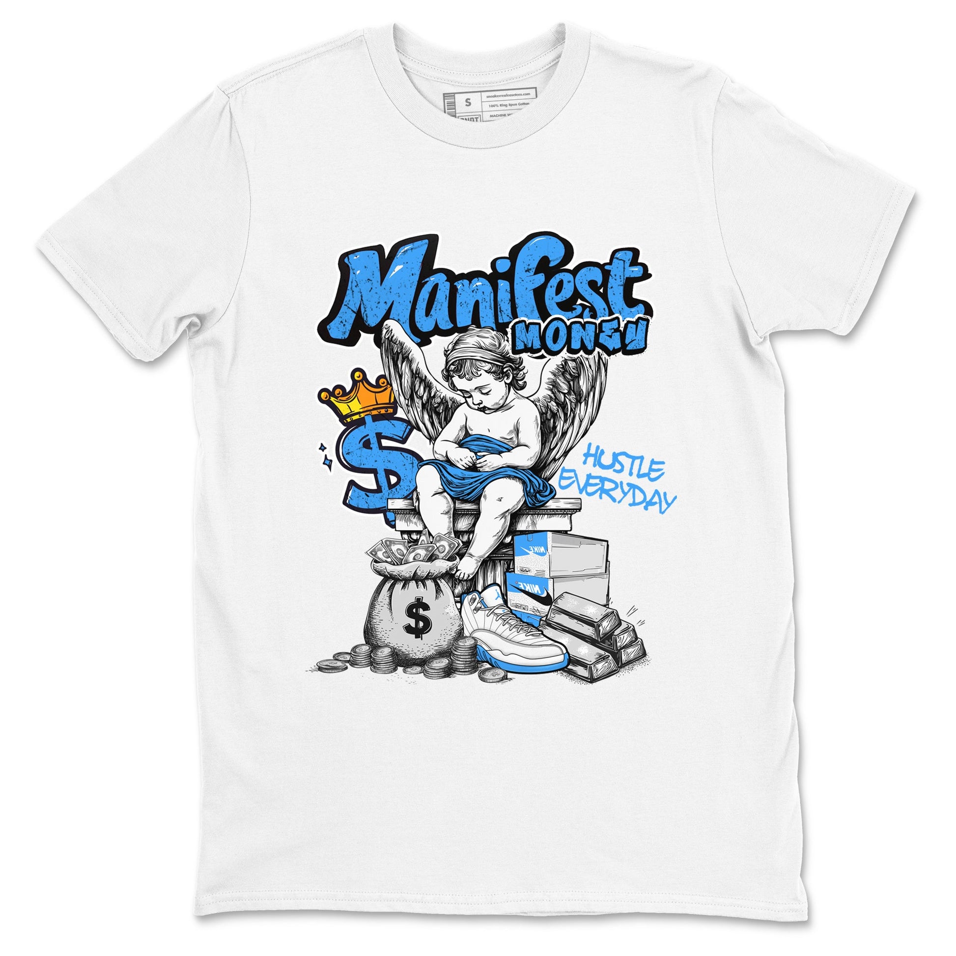 Manifest Money sneaker match t-shirt styled to complete your fit with the Air Jordan 12 White and University Blue sneakers, shown in White 2.