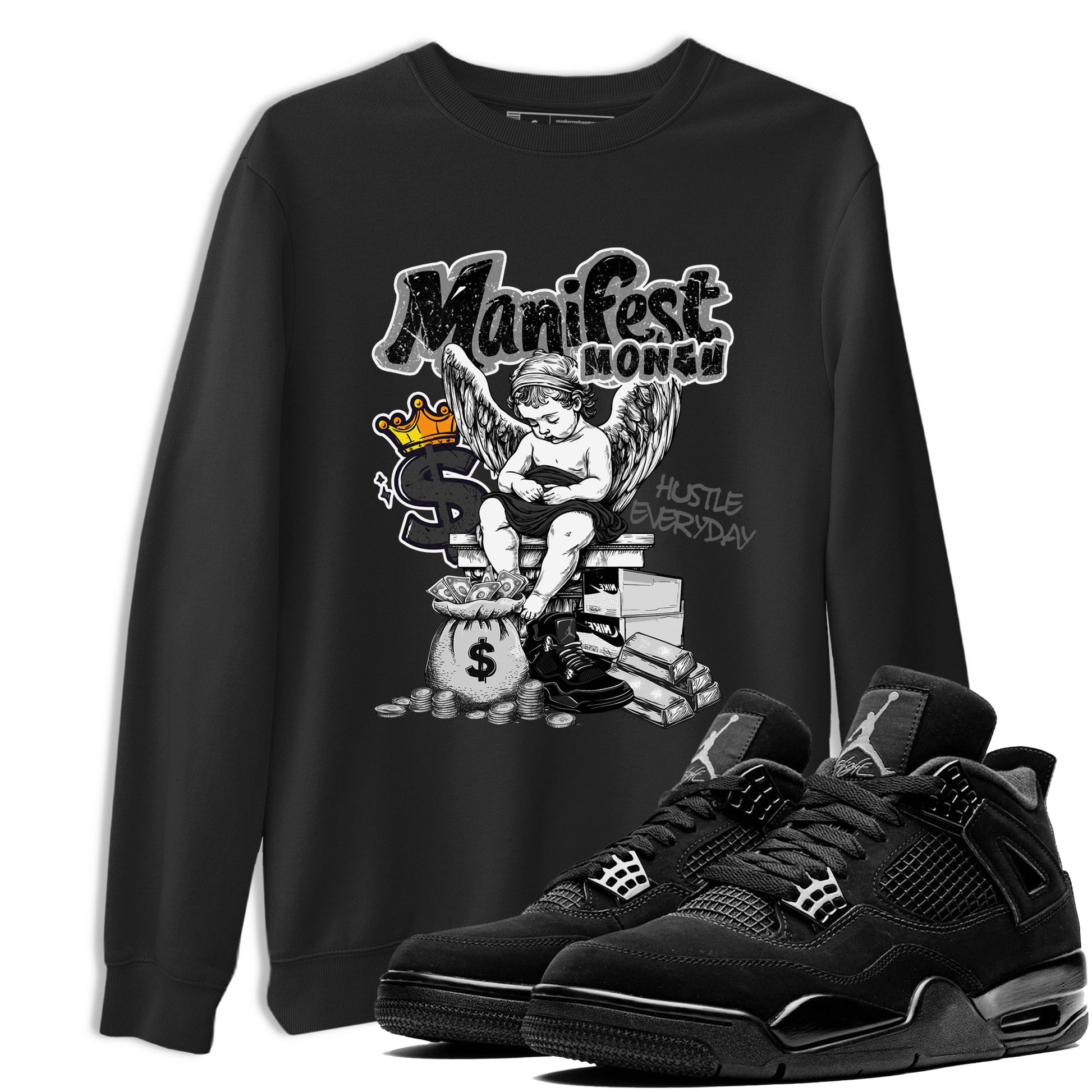 Sneaker match tees – Sneaker Tees To Match Air Jordan 4 Black Cat Shoes – Manifest Money Tee Black 1