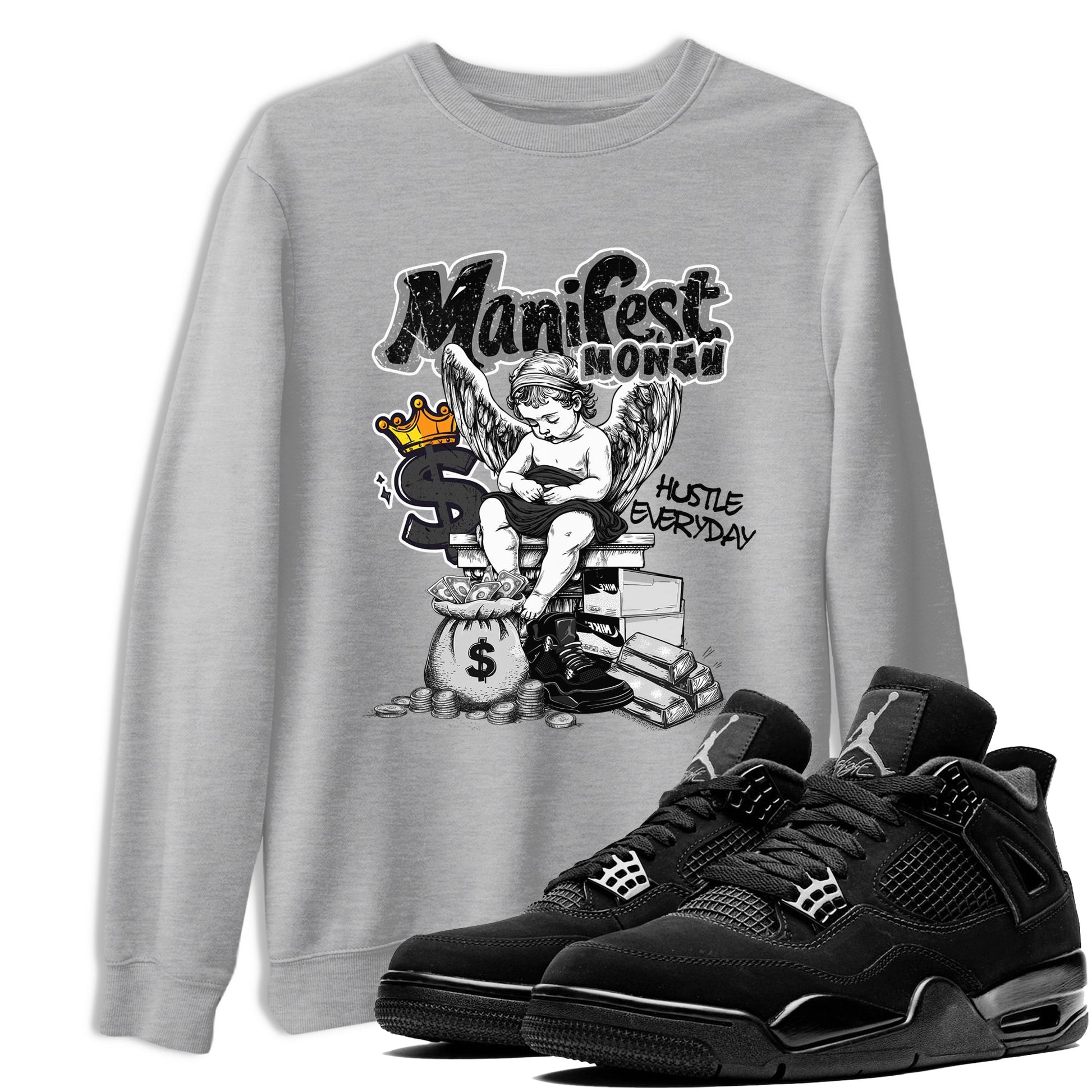Sneaker match tees – Sneaker Tees To Match Air Jordan 4 Black Cat Shoes – Manifest Money Tee Heather Grey 1