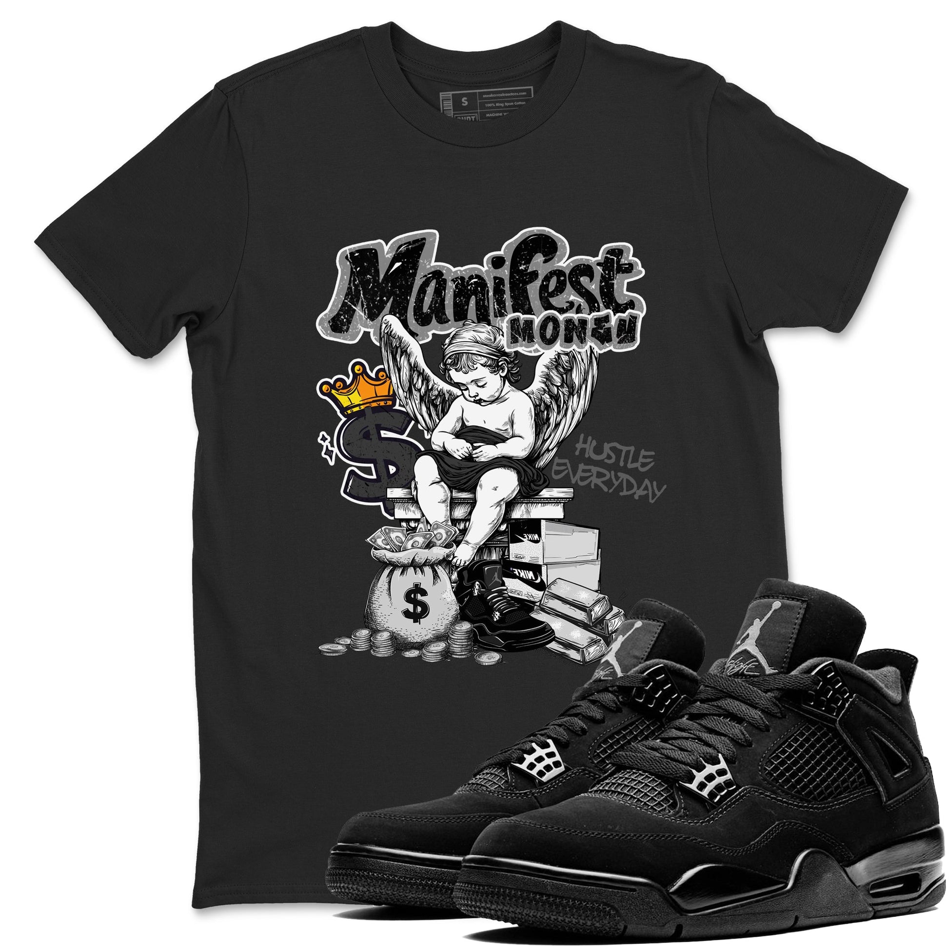 Sneaker match tees – Sneaker Tees To Match Air Jordan 4 Black Cat Shoes – Manifest Money Tee Black 1