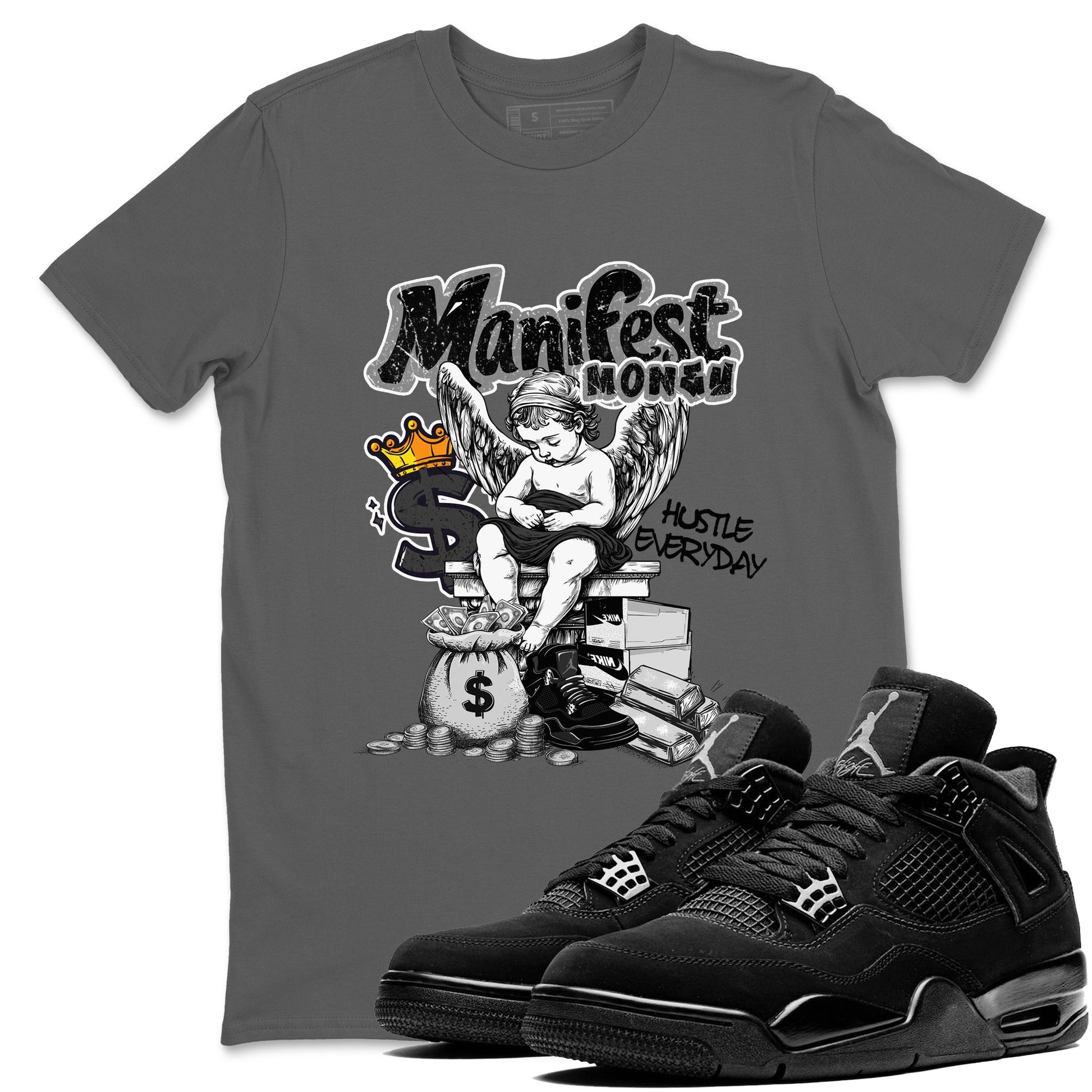 Sneaker match tees – Sneaker Tees To Match Air Jordan 4 Black Cat Shoes – Manifest Money Tee Cool Grey 1
