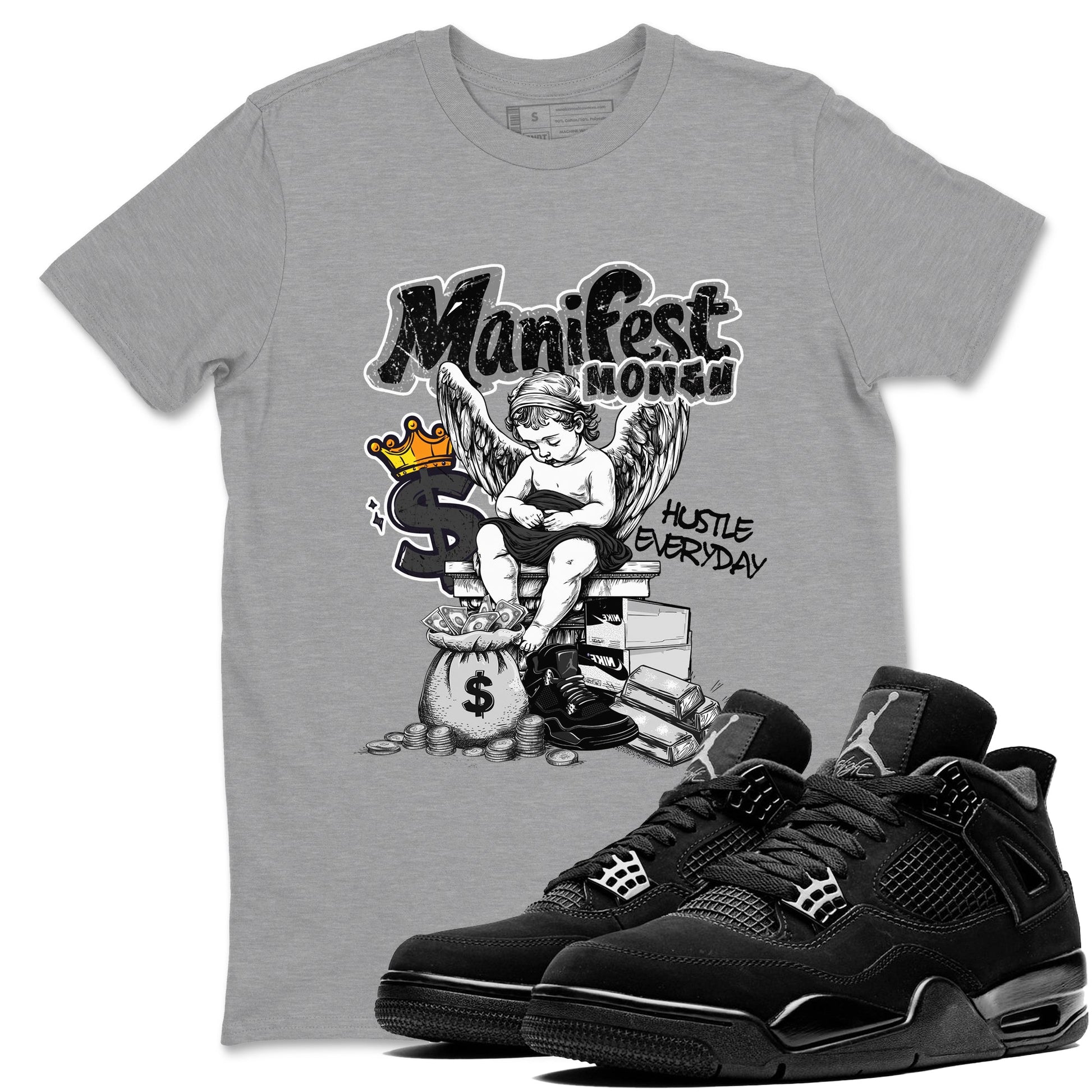 Sneaker match tees – Sneaker Tees To Match Air Jordan 4 Black Cat Shoes – Manifest Money Tee Heather Grey 1