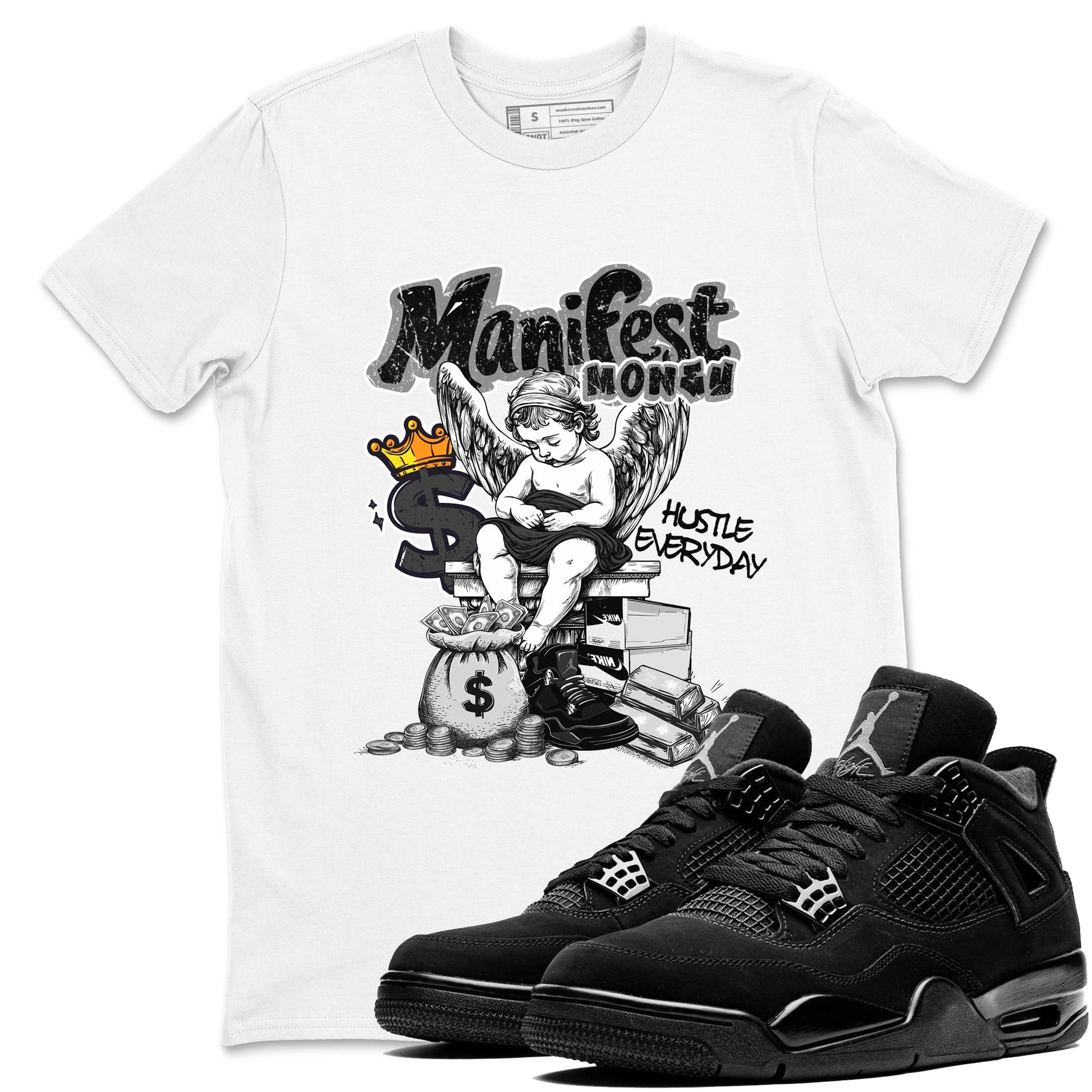 Sneaker match tees – Sneaker Tees To Match Air Jordan 4 Black Cat Shoes – Manifest Money Tee White 1