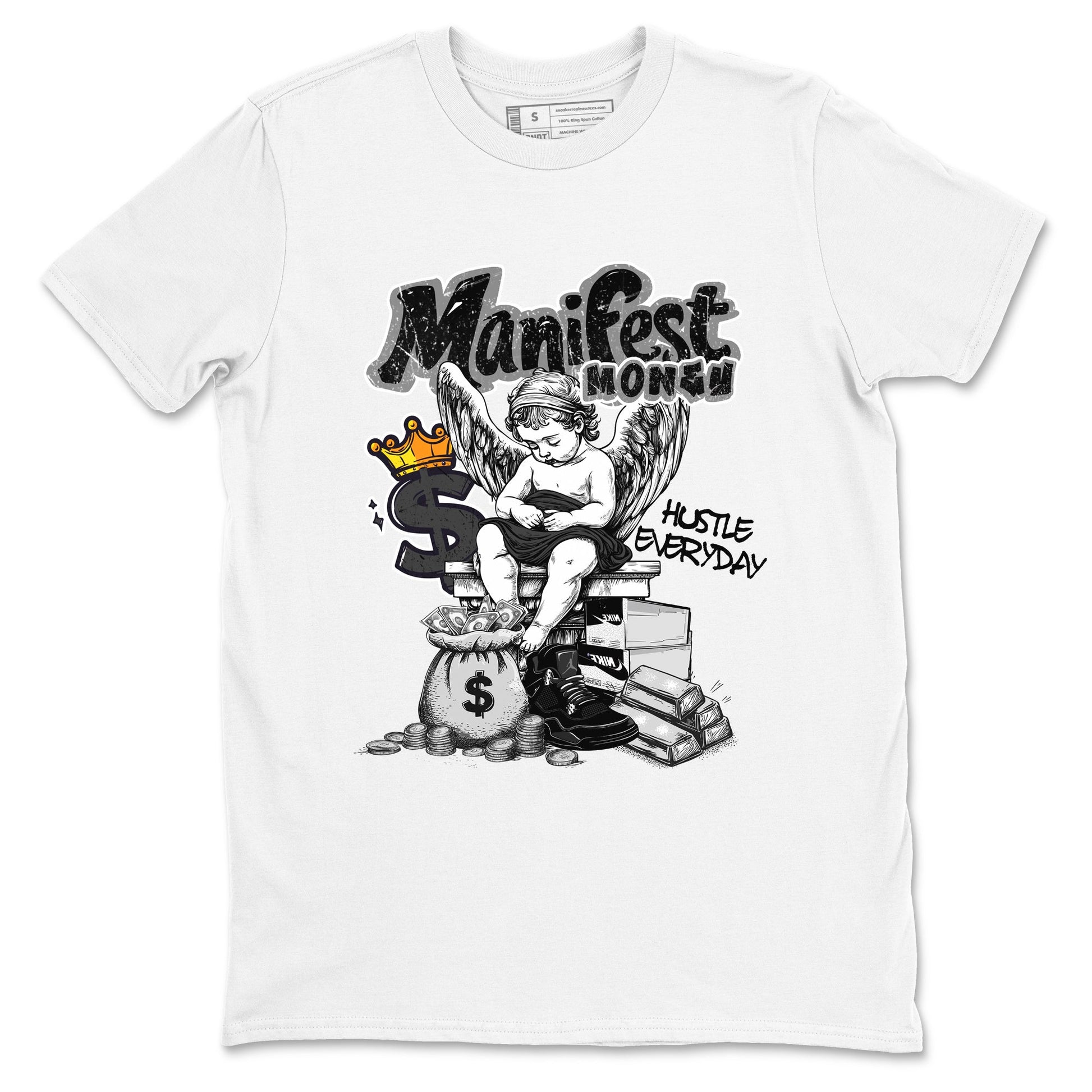 Sneaker match tees – Sneaker Tees To Match Air Jordan 4 Black Cat Shoes – Manifest Money Tee White 2