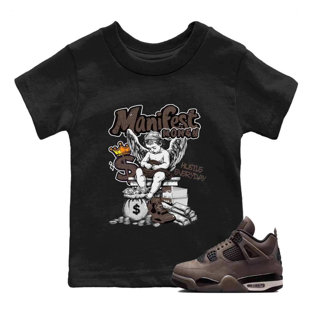 Sneaker match tees – Sneaker Tees To Match Air Jordan 4 Cave Stone Shoes – Manifest Money Kids T-Shirt Black 1