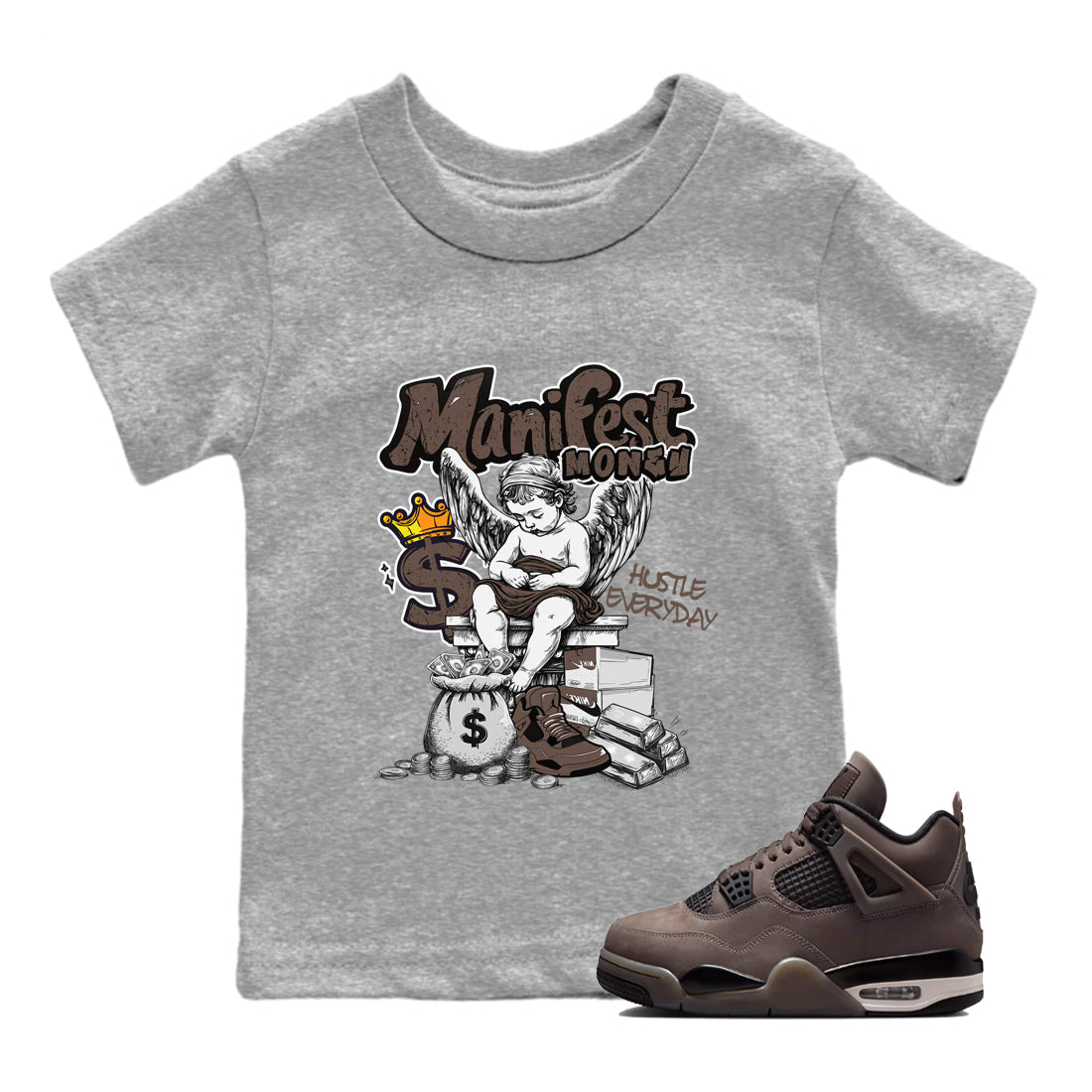 Sneaker match tees – Sneaker Tees To Match Air Jordan 4 Cave Stone Shoes – Manifest Money Kids T-Shirt Heather Grey 1