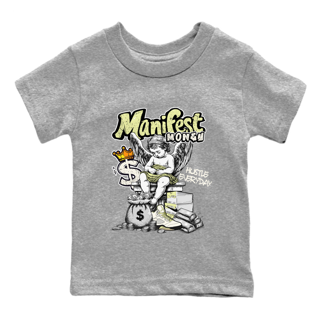 Sneaker match tees – Sneaker Tees To Match Air Jordan 5 Luminous Green Shoes – Manifest Money Kids T-Shirt Heather Grey 2