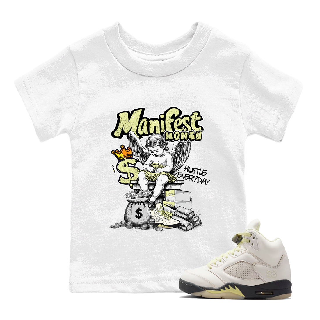 Sneaker match tees – Sneaker Tees To Match Air Jordan 5 Luminous Green Shoes – Manifest Money Kids T-Shirt White 1