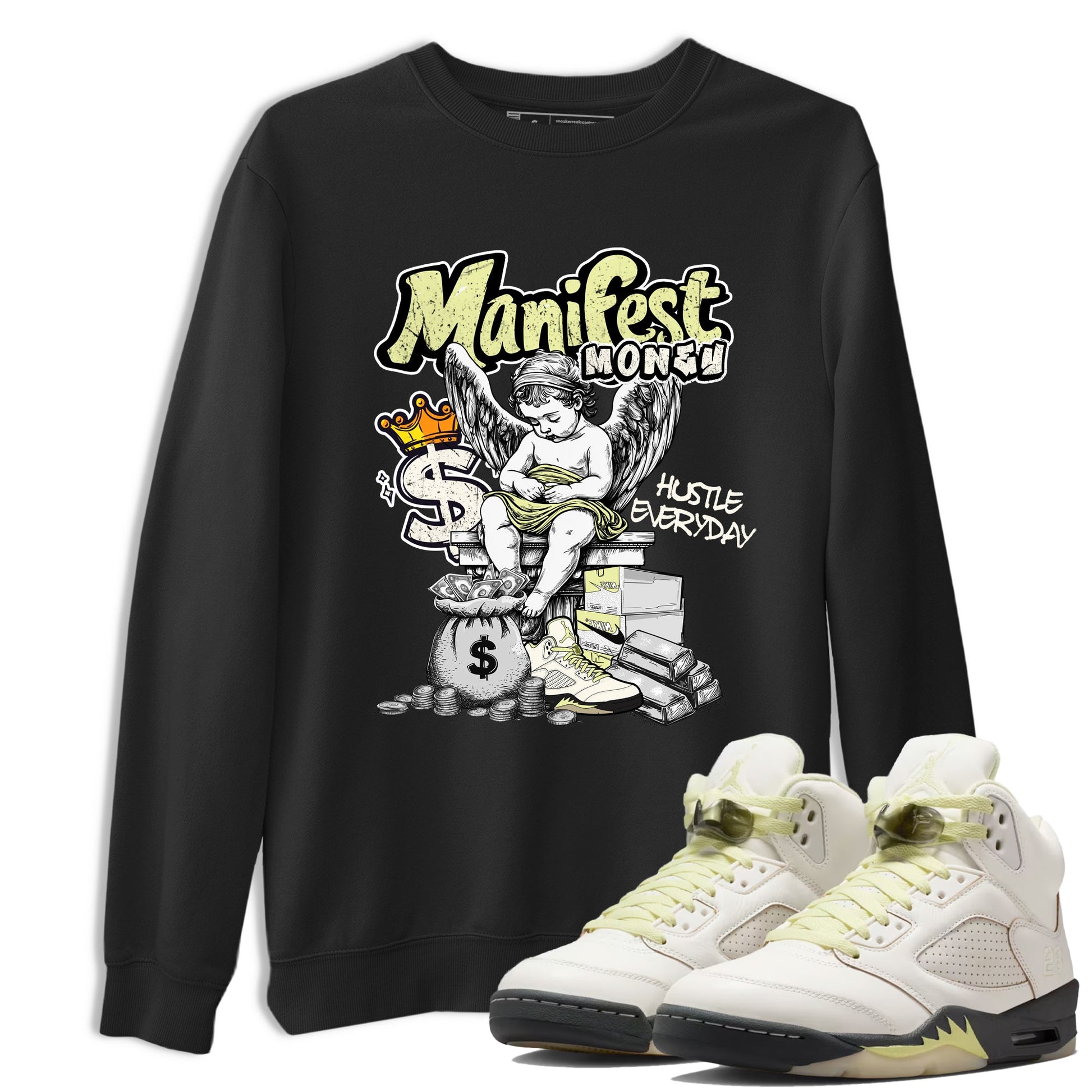 Sneaker match tees – Sneaker Tees To Match Air Jordan 5 Luminous Green Shoes – Manifest Money Tee Black 1