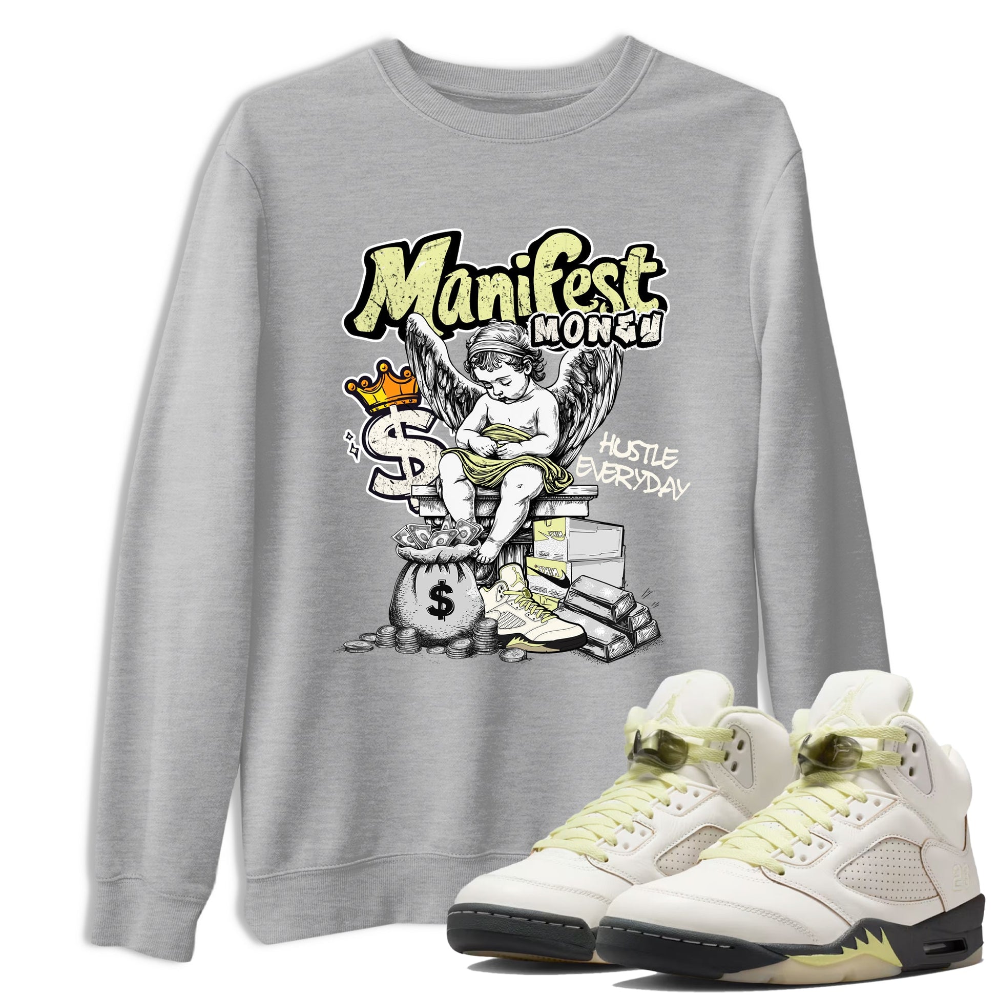 Sneaker match tees – Sneaker Tees To Match Air Jordan 5 Luminous Green Shoes – Manifest Money Tee Heather Grey 1