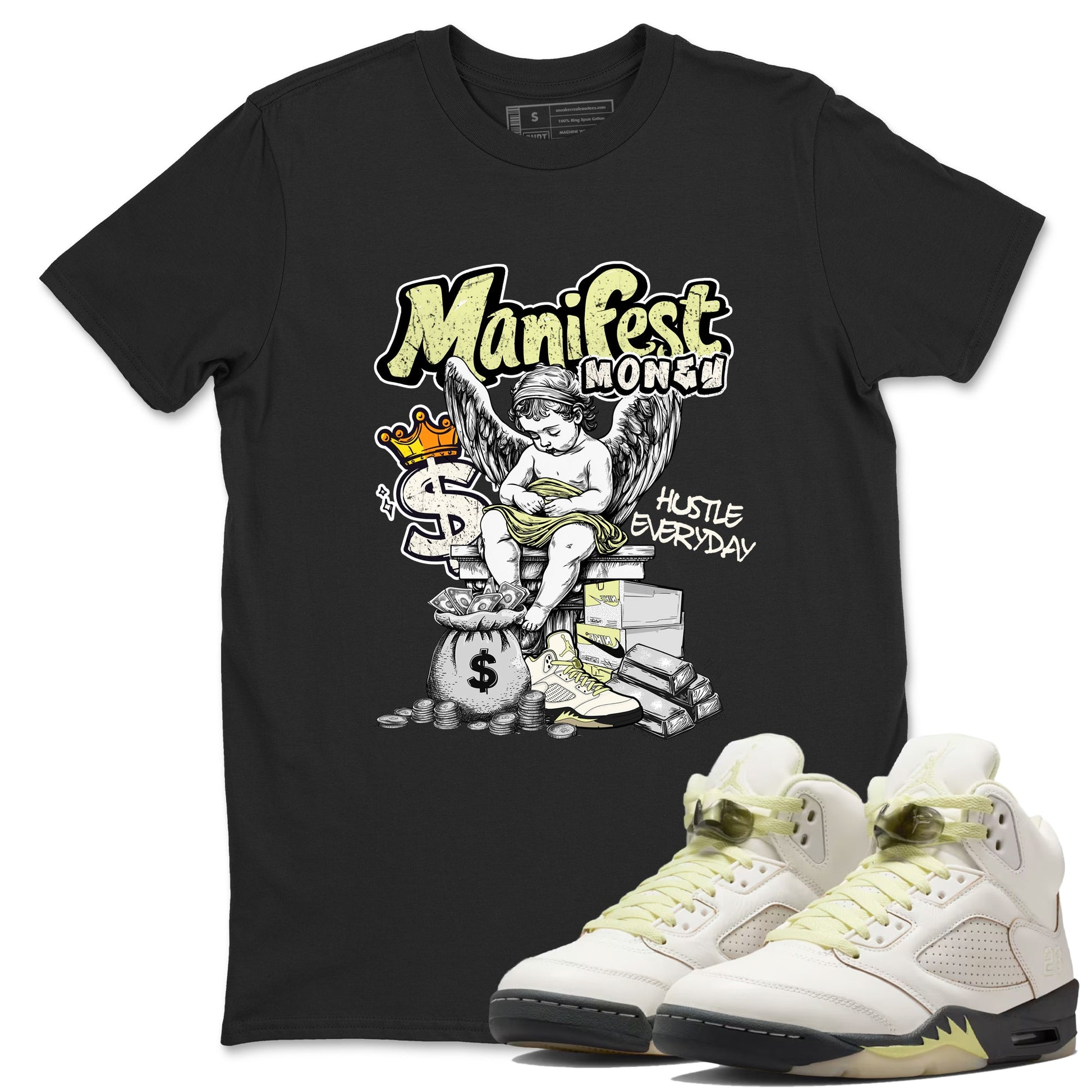 Sneaker match tees – Sneaker Tees To Match Air Jordan 5 Luminous Green Shoes – Manifest Money Tee Black 1