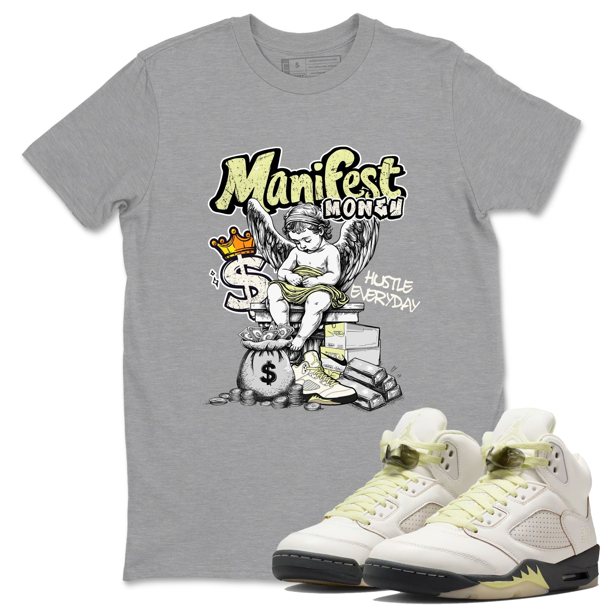 Sneaker match tees – Sneaker Tees To Match Air Jordan 5 Luminous Green Shoes – Manifest Money Tee Heather Grey 1