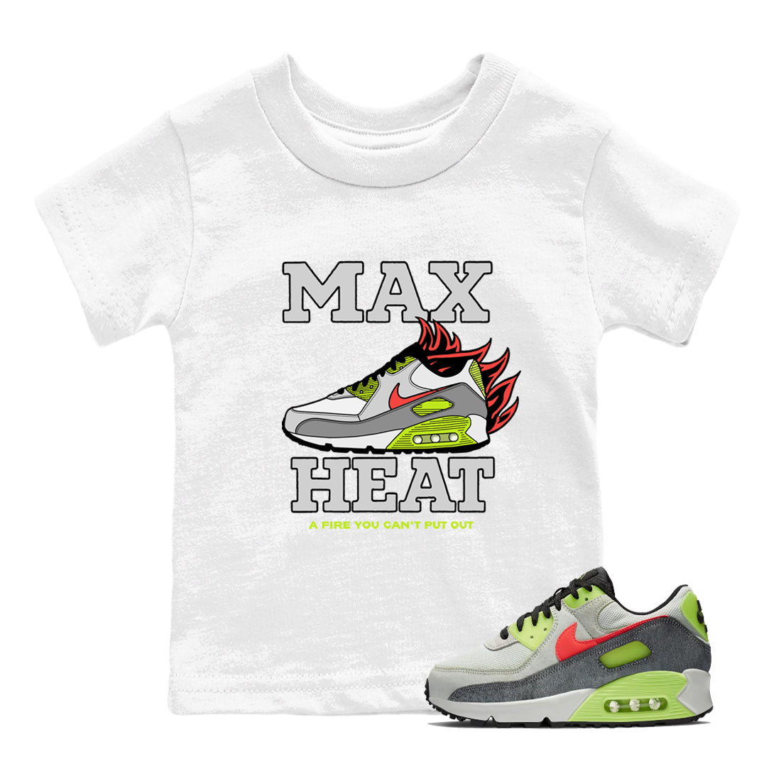Sneaker Threads – Sneaker Tees To Match Air Max 90 Spruce Aura and Ghost Green – Max Heat Youth Graphic Tee White 1. Perfect for Jordan releases 2025 colorways.