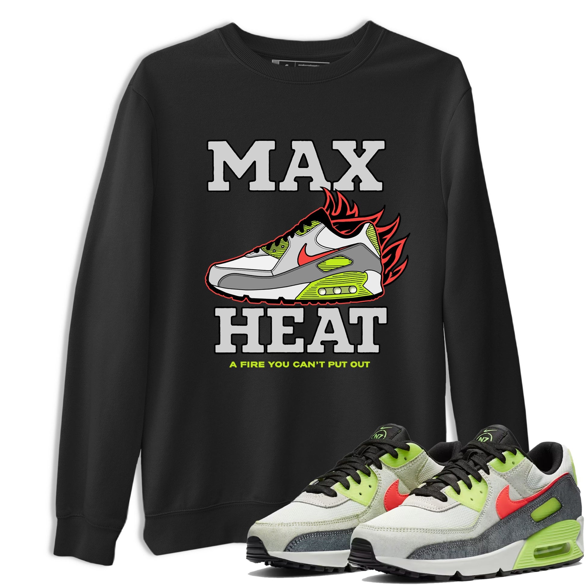 Sneaker Threads – Sneaker Tees To Match Air Max 90 Spruce Aura and Ghost Green – Max Heat Graphic Tee Black 1. Perfect for Jordan releases 2025 colorways.