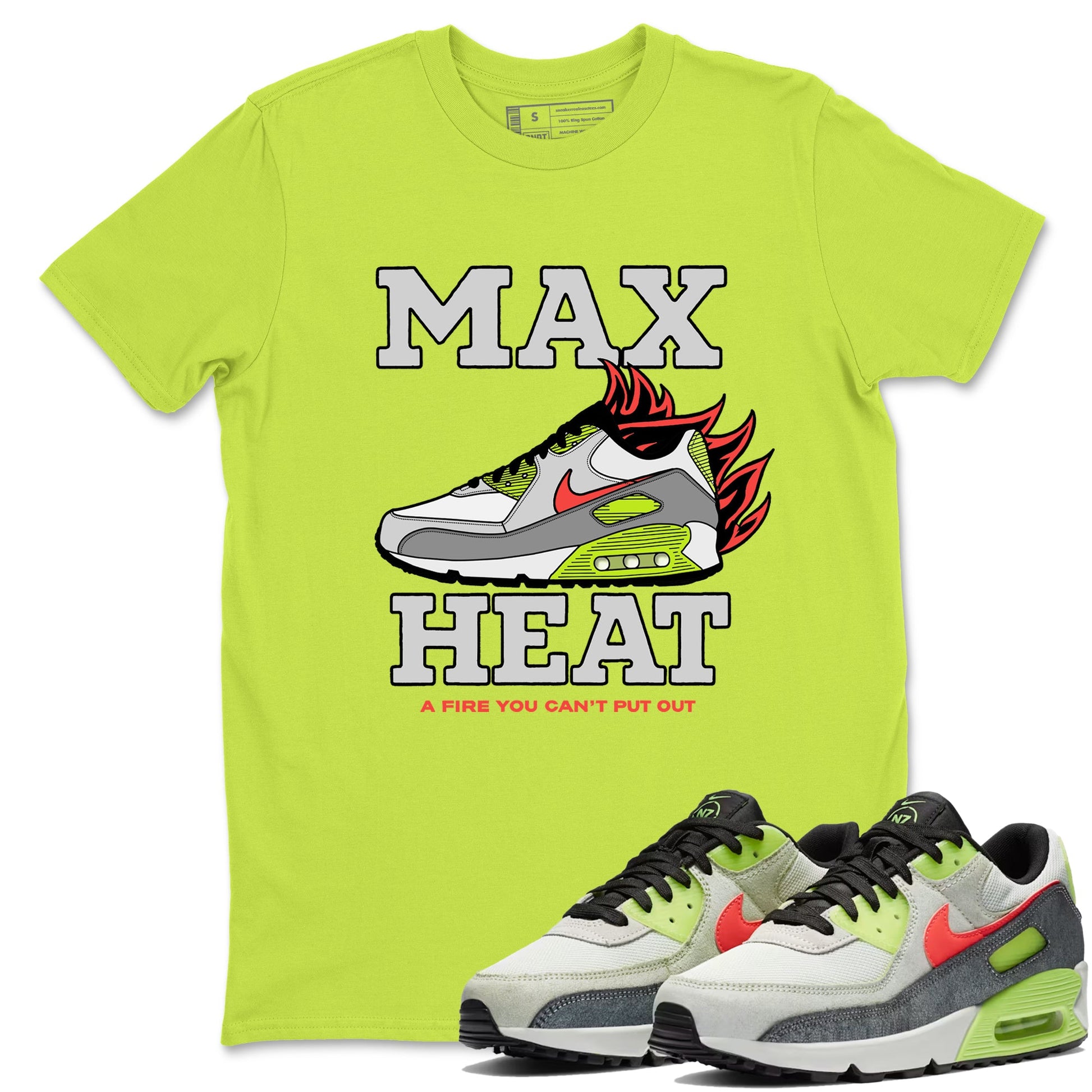 Sneaker Threads – Sneaker Tees To Match Air Max 90 Spruce Aura and Ghost Green – Max Heat Graphic Tee Safety Green 1. Perfect for Jordan releases 2025 colorways.