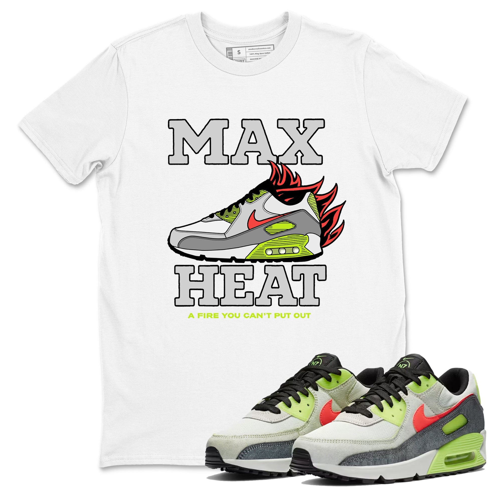 Sneaker Threads – Sneaker Tees To Match Air Max 90 Spruce Aura and Ghost Green – Max Heat Graphic Tee White 1. Perfect for Jordan releases 2025 colorways.