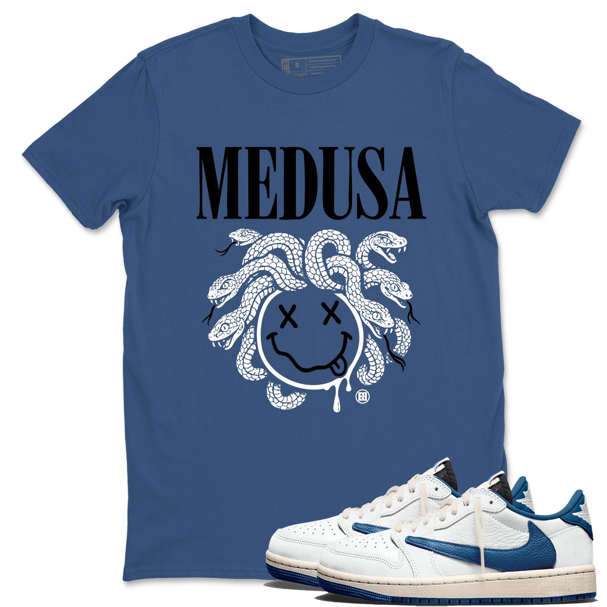 Sneaker match tees – Sneaker Tees To Match Air Jordan 1 x Travis Scott x Fragment Shoes – Medusa Drip Tee Denim Blue 1