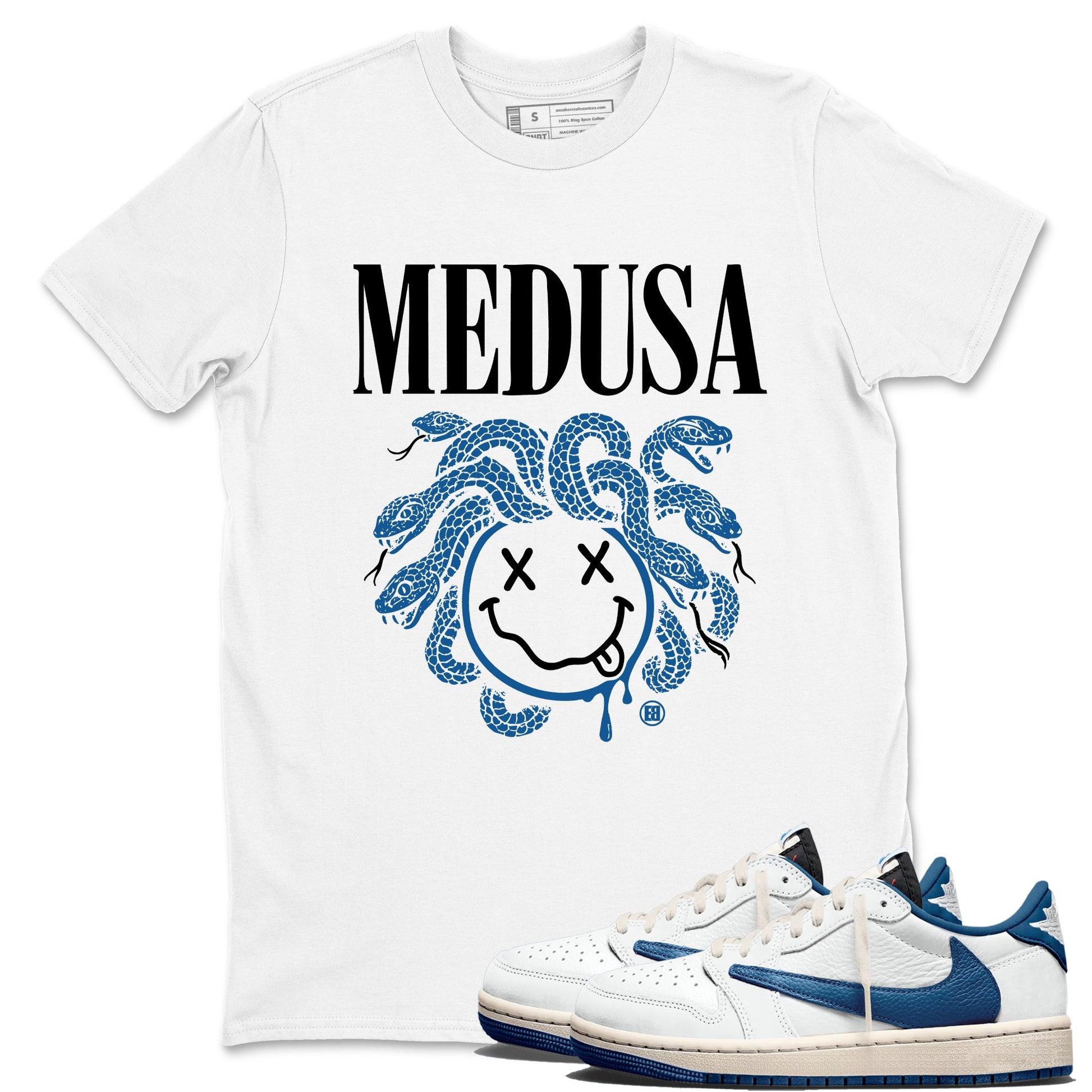 Sneaker match tees – Sneaker Tees To Match Air Jordan 1 x Travis Scott x Fragment Shoes – Medusa Drip Tee White 1