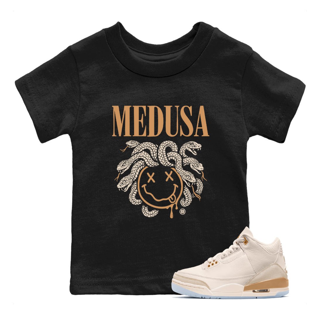 Sneaker match tees – Sneaker Tees To Match Air Jordan 3 Champagne and Oysters Shoes – Medusa Drip Kids T-Shirt Black 1