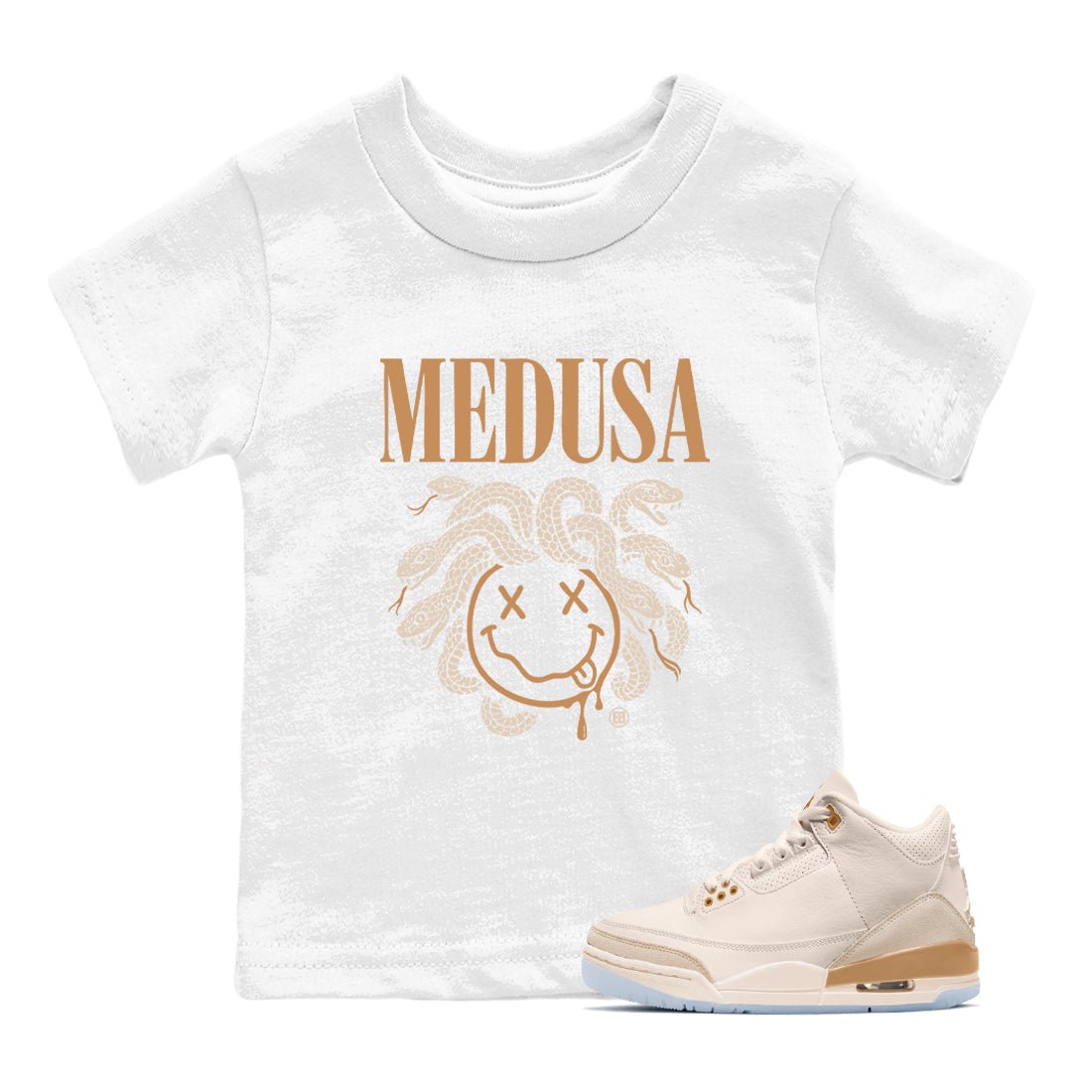 Sneaker match tees – Sneaker Tees To Match Air Jordan 3 Champagne and Oysters Shoes – Medusa Drip Kids T-Shirt White 1