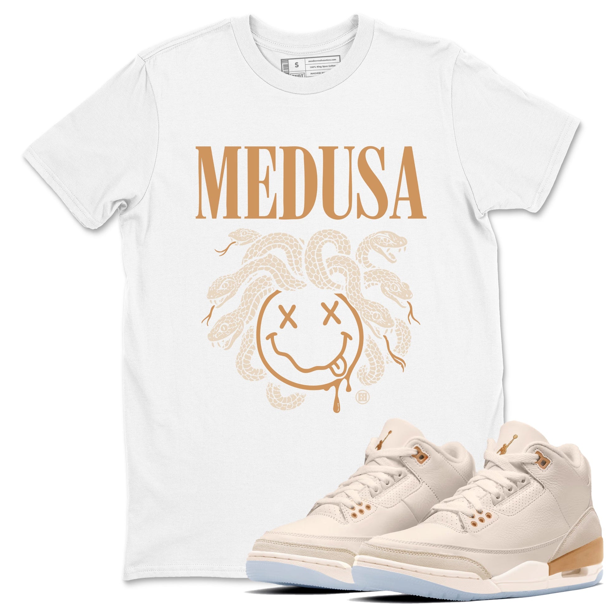 Sneaker match tees – Sneaker Tees To Match Air Jordan 3 Champagne and Oysters Shoes – Medusa Drip Tee White 1