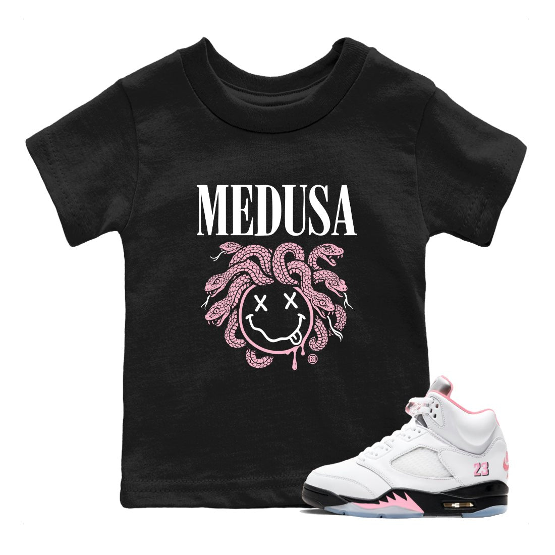 Sneaker match tees – Sneaker Tees To Match Air Jordan 5 35th Anniversary Shoes – Medusa Drip Kids T-Shirt Black 1