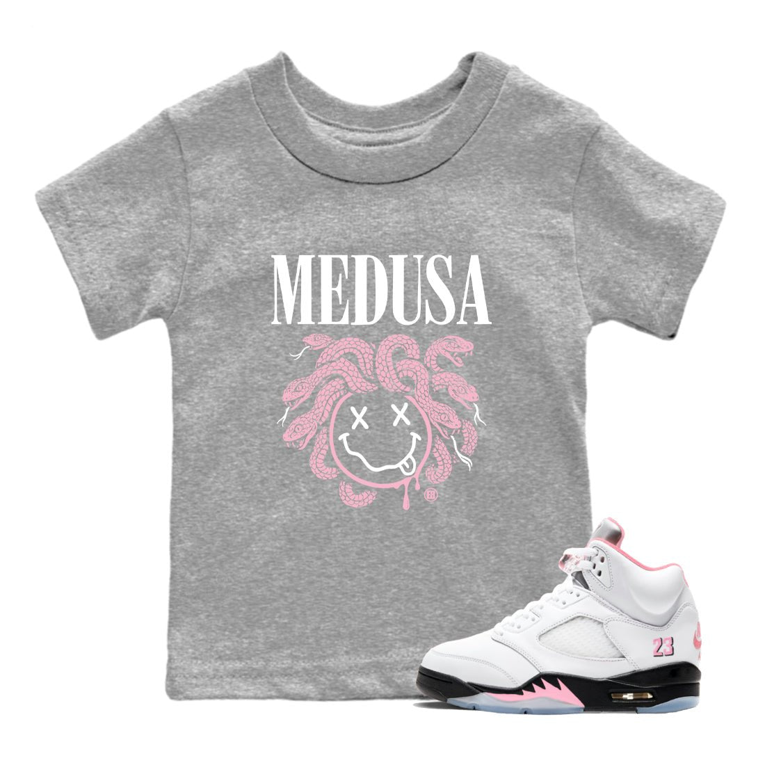 Sneaker match tees – Sneaker Tees To Match Air Jordan 5 35th Anniversary Shoes – Medusa Drip Kids T-Shirt Heather Grey 1