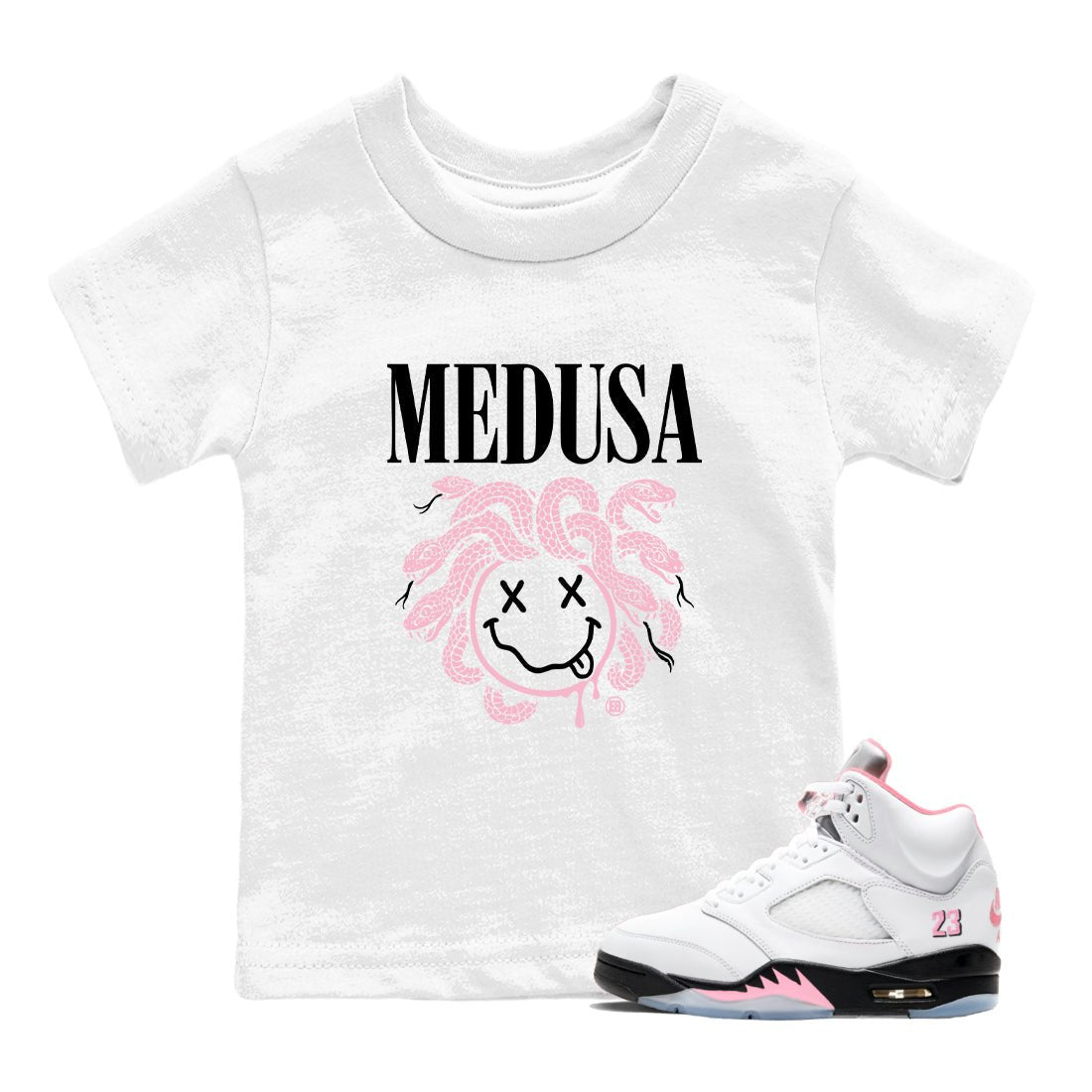Sneaker match tees – Sneaker Tees To Match Air Jordan 5 35th Anniversary Shoes – Medusa Drip Kids T-Shirt White 1