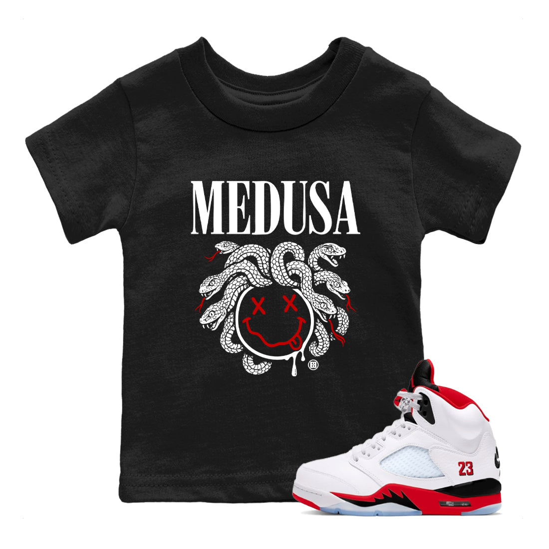 5s Retro Fire Red Sneaker match tees – Sneaker Tees To Match Jordan 5 Fire Red Shoes – Medusa Drip Kids T-Shirt Black 1