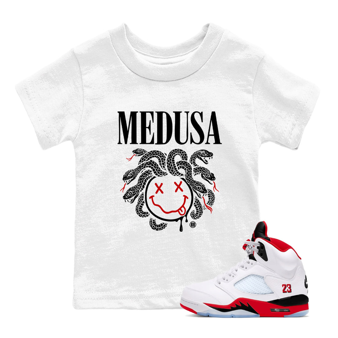 5s Retro Fire Red Sneaker match tees – Sneaker Tees To Match Jordan 5 Fire Red Shoes – Medusa Drip Kids T-Shirt White 1