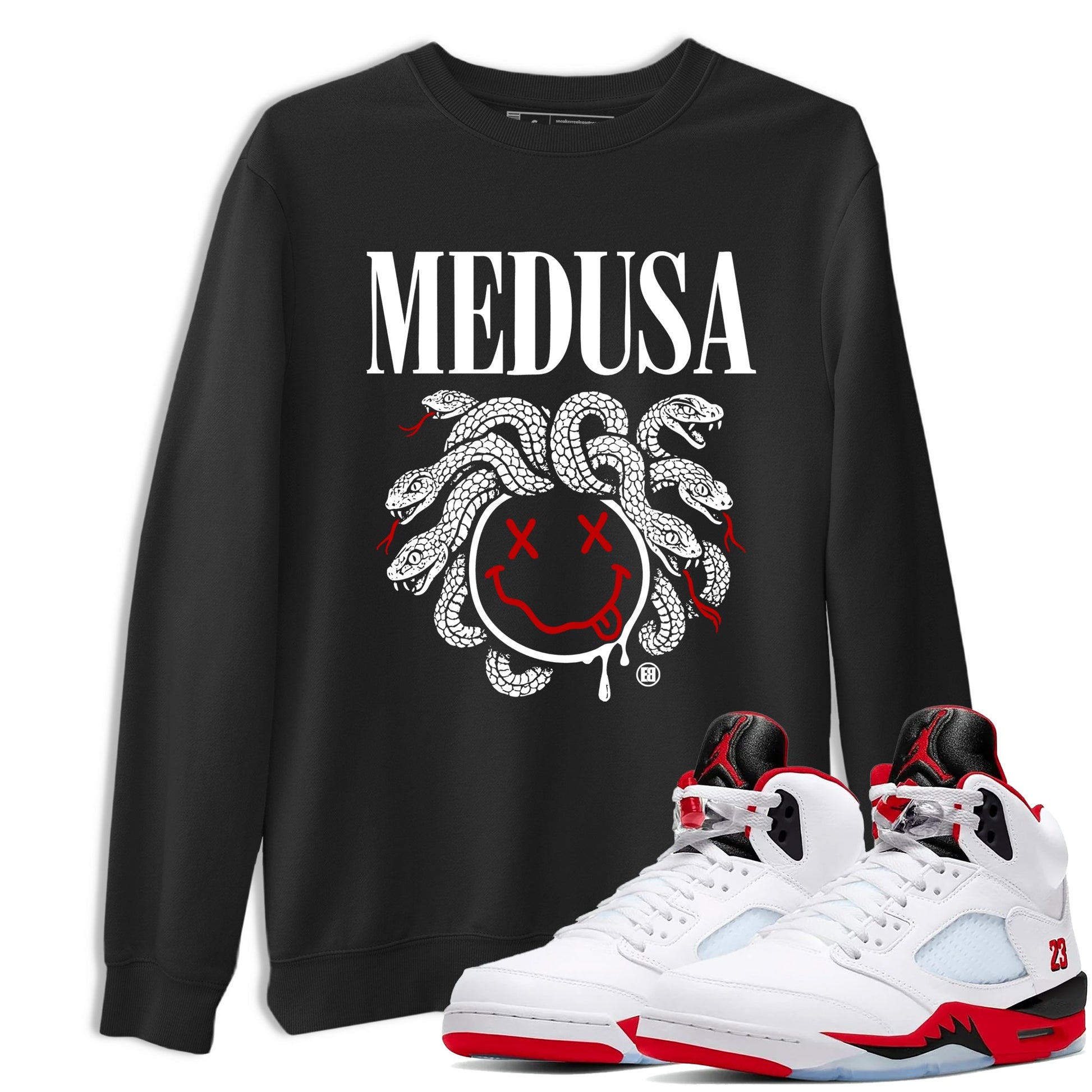 5s Retro Fire Red Sneaker match tees – Sneaker Tees To Match Jordan 5 Fire Red Shoes – Medusa Drip Tee Black 1