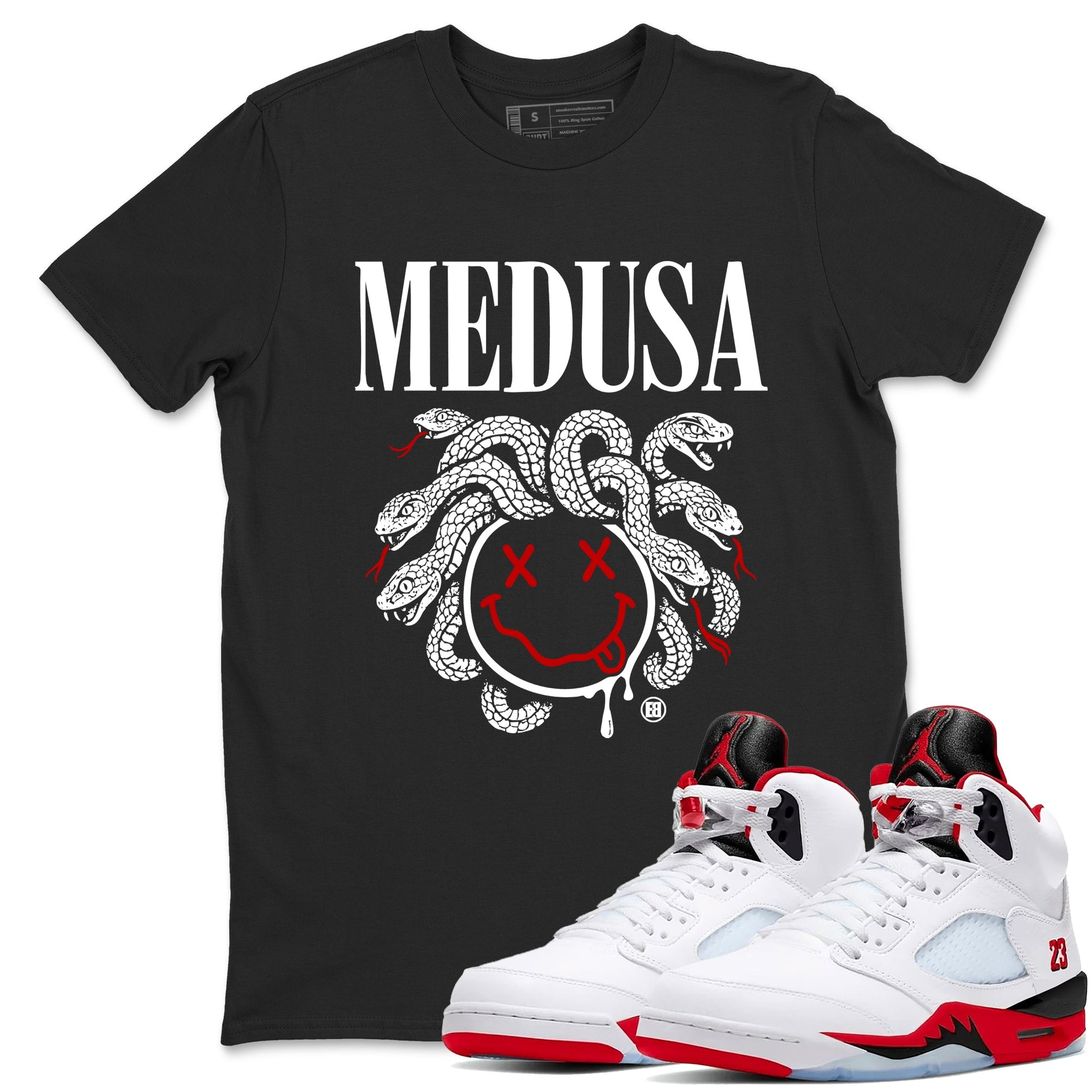 5s Retro Fire Red Sneaker match tees – Sneaker Tees To Match Jordan 5 Fire Red Shoes – Medusa Drip Tee Black 1