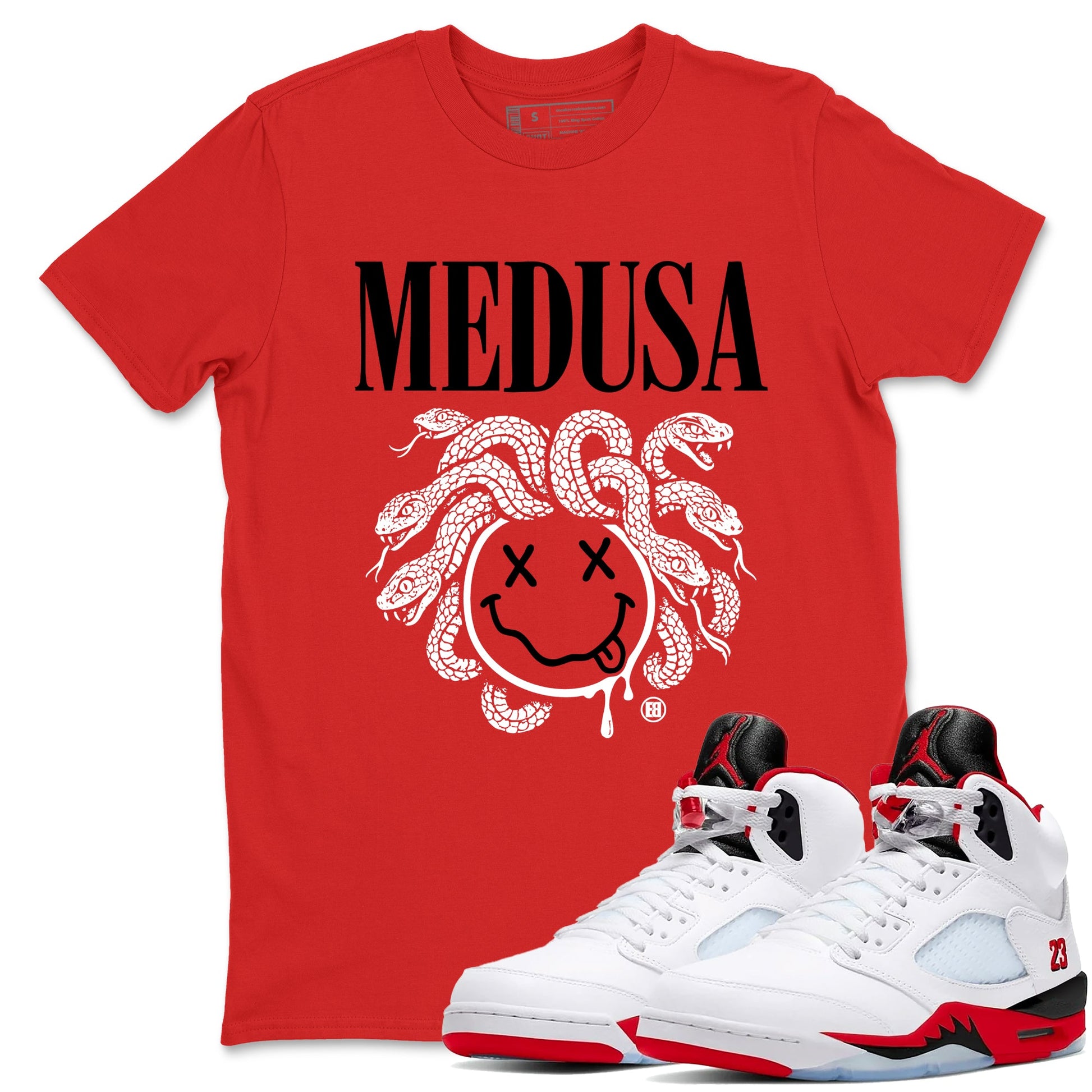5s Retro Fire Red Sneaker match tees – Sneaker Tees To Match Jordan 5 Fire Red Shoes – Medusa Drip Tee Red 1