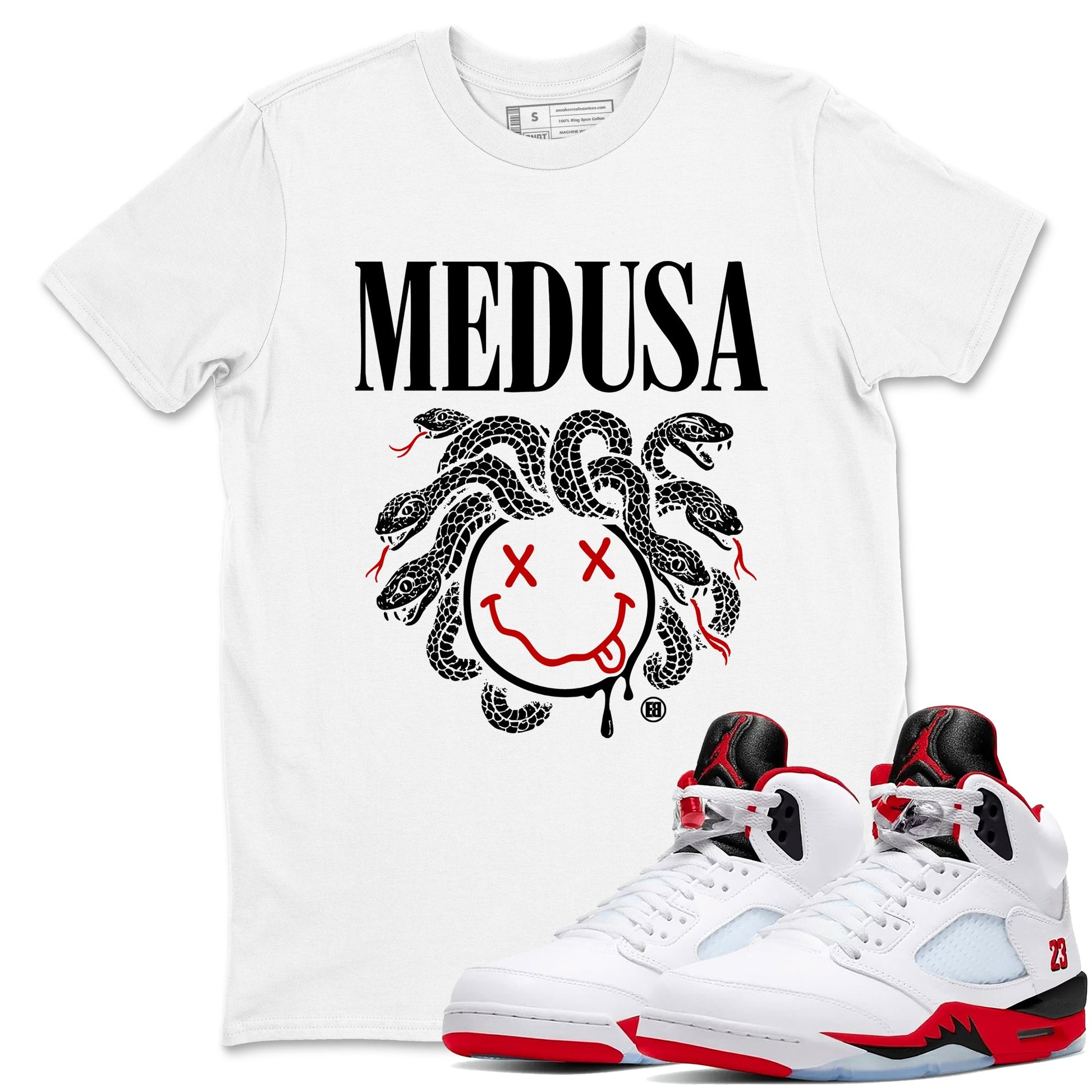5s Retro Fire Red Sneaker match tees – Sneaker Tees To Match Jordan 5 Fire Red Shoes – Medusa Drip Tee White 1