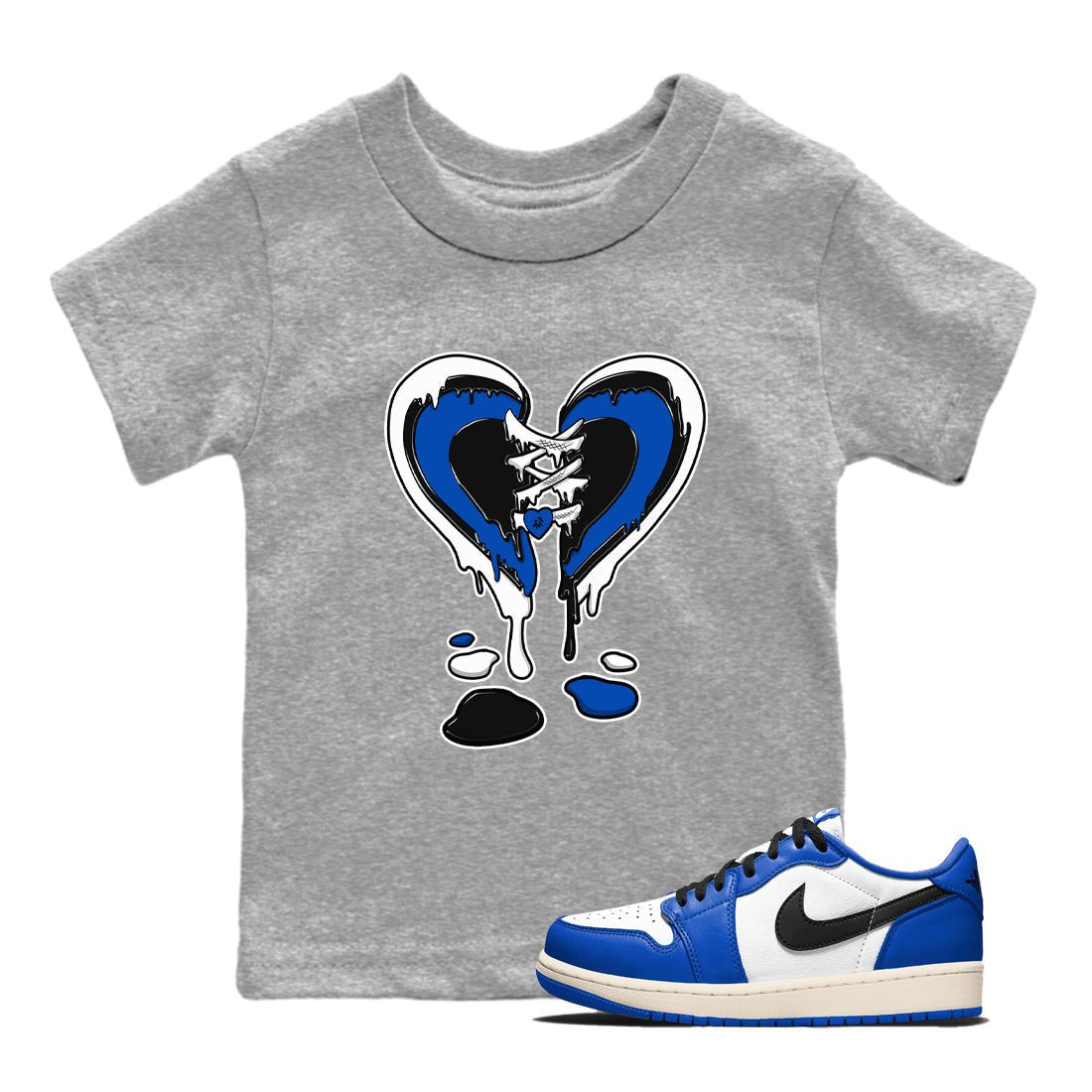 1s Game Royal shirts to match jordans Melting Heart sneaker match tees Air Jordan 1 Retro Low OG Game Royal match shoes to clothes SNRT Sneaker Tees Youth Baby Heather Grey 1 tee