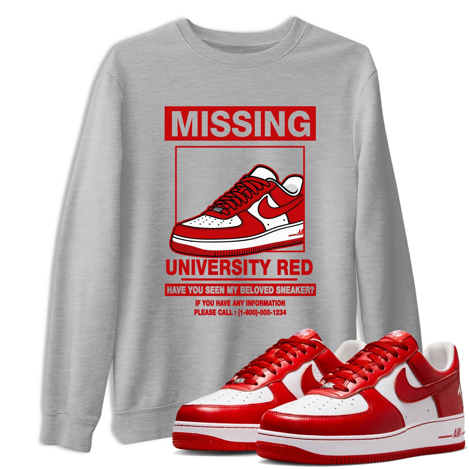 Missing Sneaker sneaker match t-shirt styled to complete your fit with the Air Force 1 University Red sneakers, shown in Heather Grey 1.