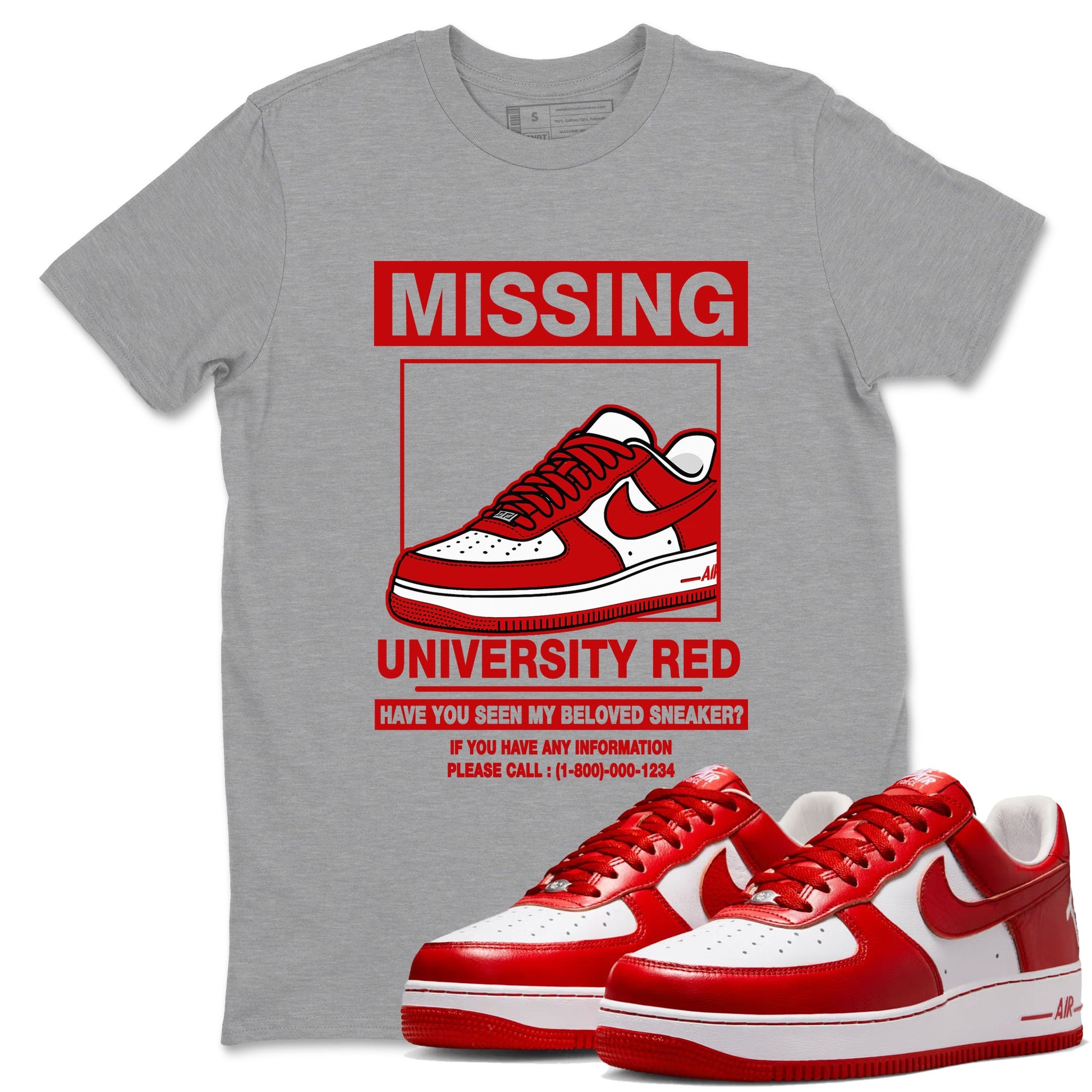 Missing Sneaker sneaker match t-shirt styled to complete your fit with the Air Force 1 University Red sneakers, shown in Heather Grey 1.