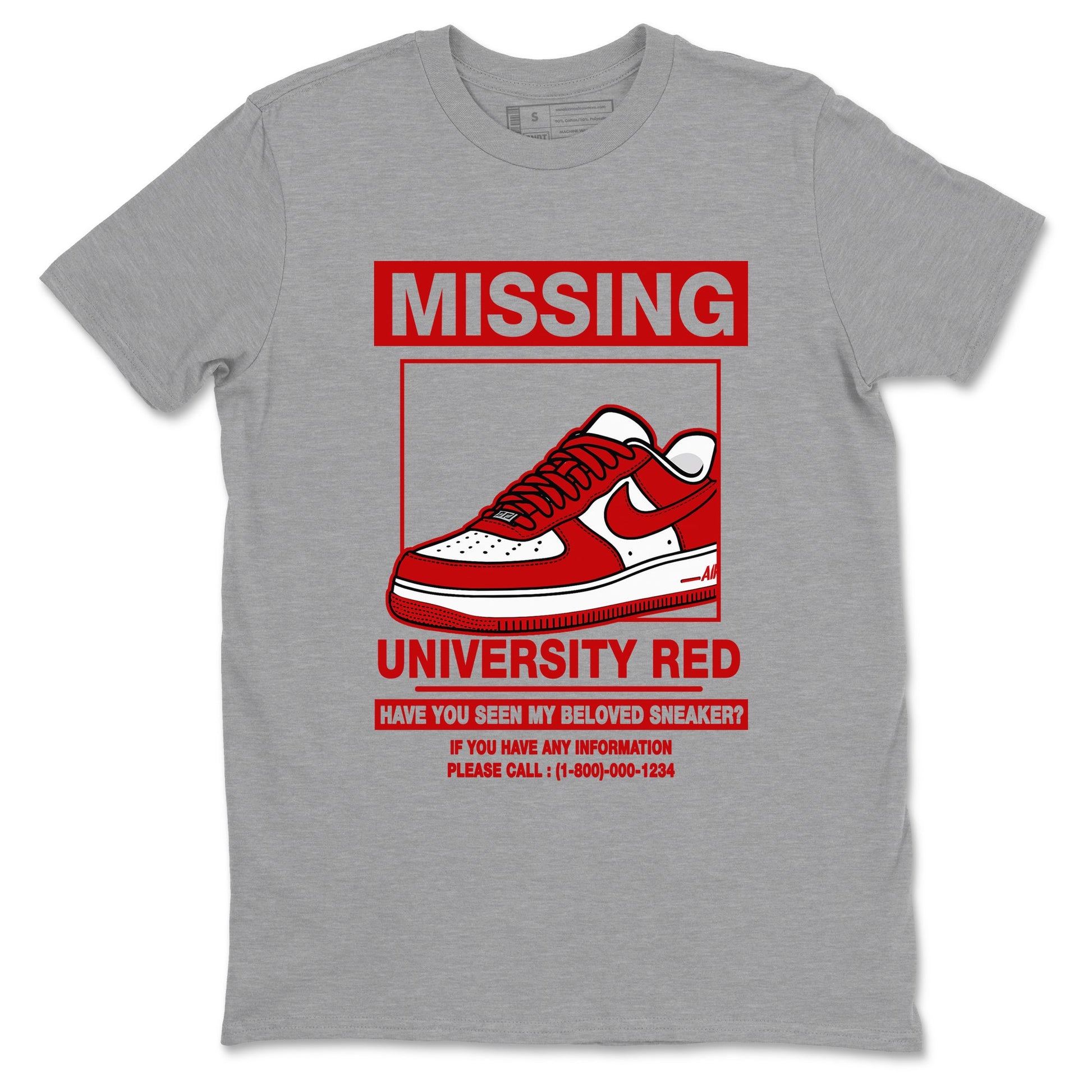 Missing Sneaker sneaker match t-shirt styled to complete your fit with the Air Force 1 University Red sneakers, shown in Heather Grey 2.