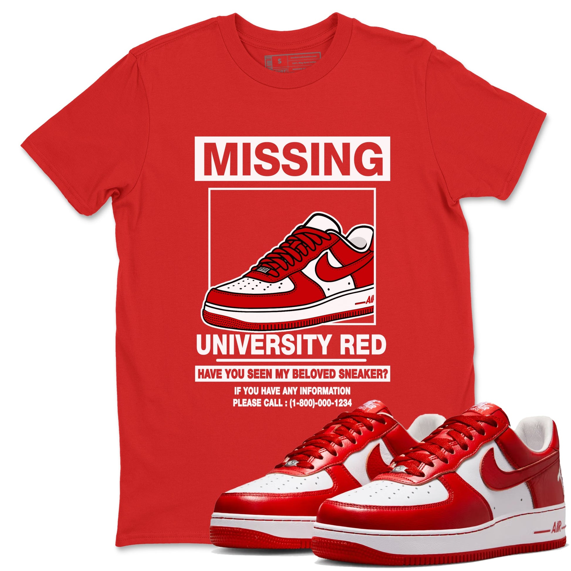 Missing Sneaker sneaker match t-shirt styled to complete your fit with the Air Force 1 University Red sneakers, shown in Red 1.