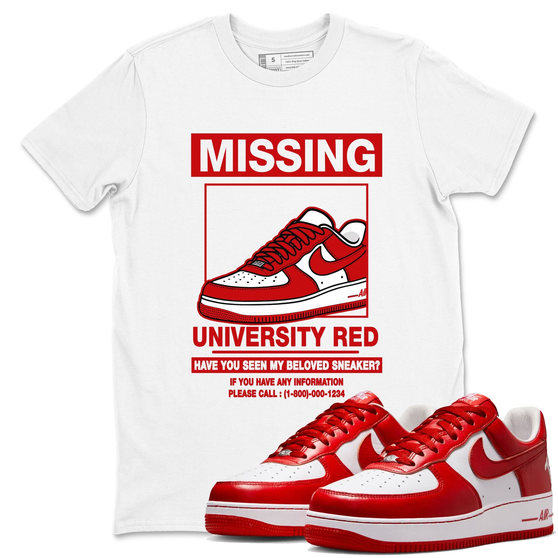 Missing Sneaker sneaker match t-shirt styled to complete your fit with the Air Force 1 University Red sneakers, shown in White 1.