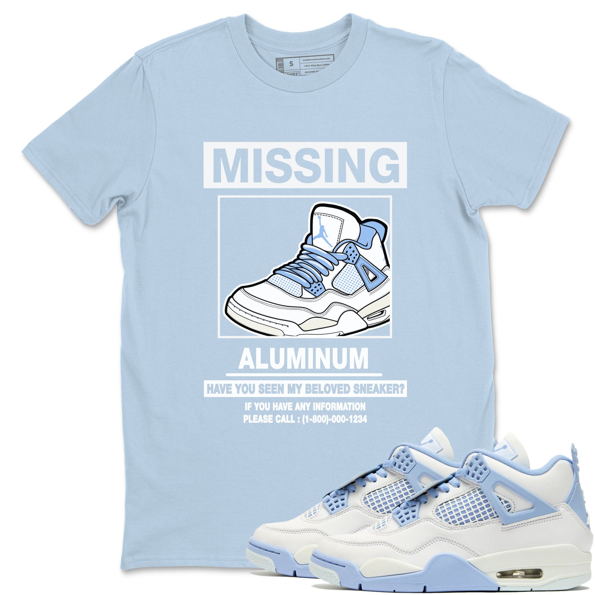 Missing Sneaker sneaker match t-shirt styled to complete your fit with the Air Jordan 4 Aluminum sneakers, shown in Light Blue 1.