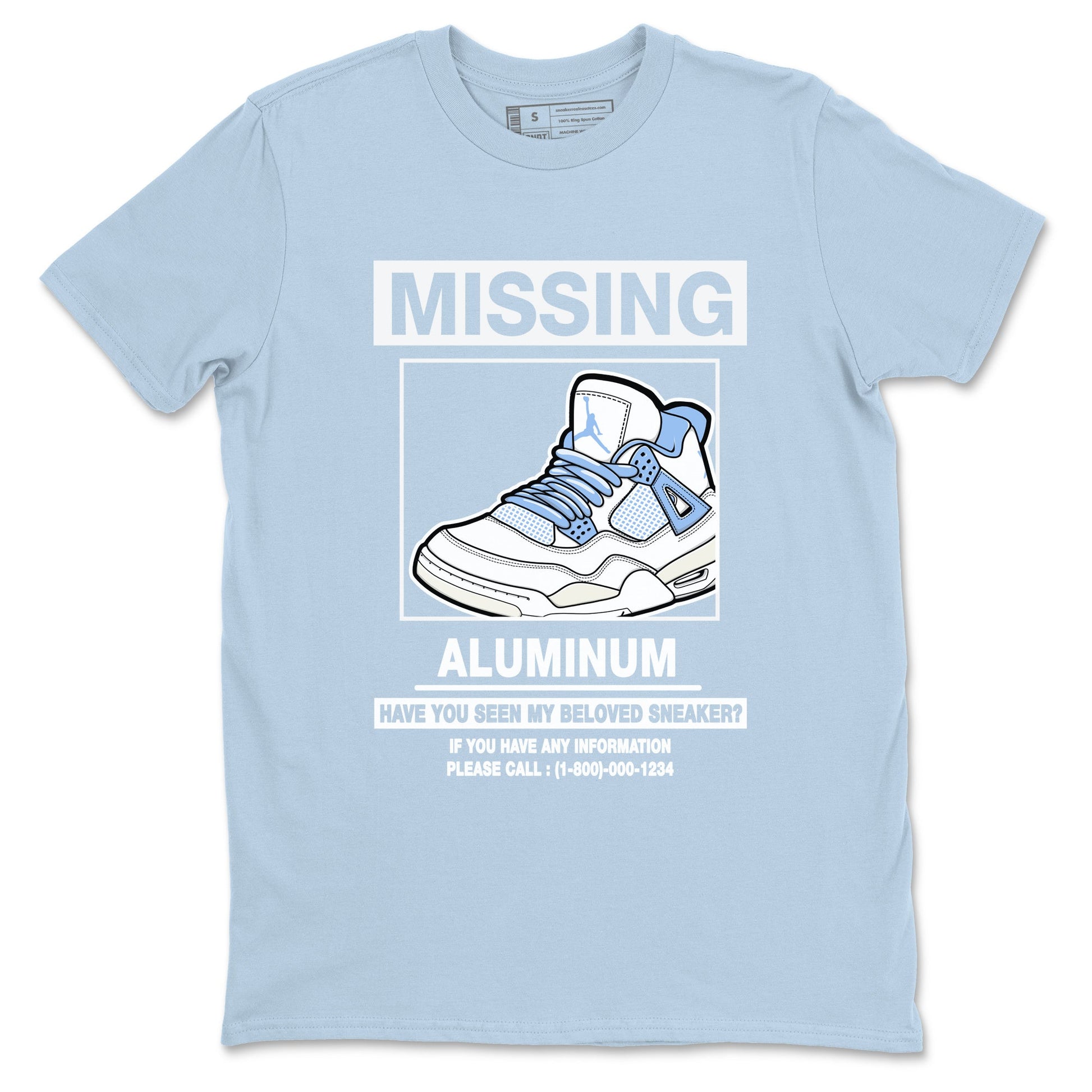 Missing Sneaker sneaker match t-shirt styled to complete your fit with the Air Jordan 4 Aluminum sneakers, shown in Light Blue 2.